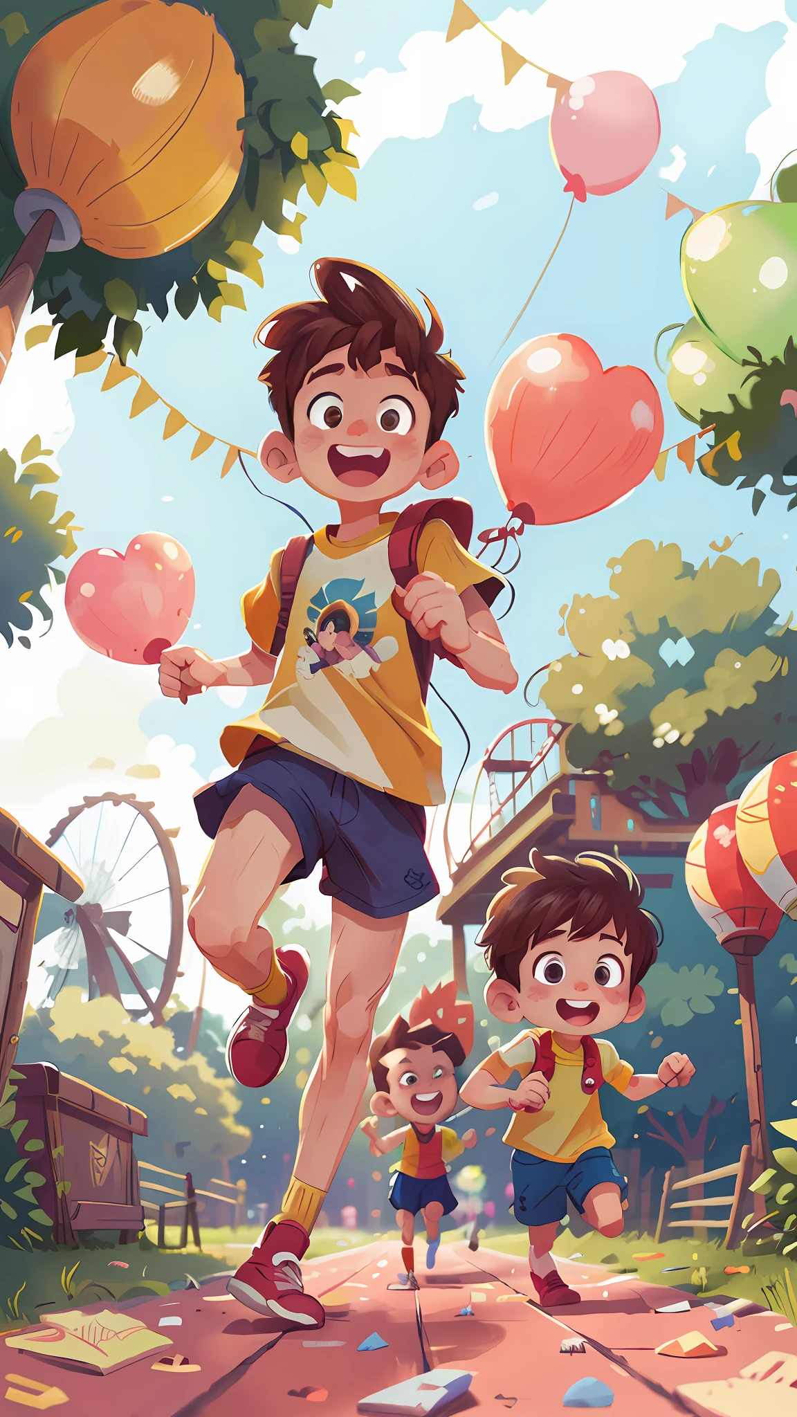 Two running boys, amusement park, holding balloons, happy, happy, perfect quality, clear focus (clutter - home: 0.8), (masterpiece: 1.2) (Realistic: 1.2) (Bokeh) (Best quality) (Detailed skin: 1.3) (Intricate details) (8K) (Detail Eyes) (Sharp Focus), (Happy)