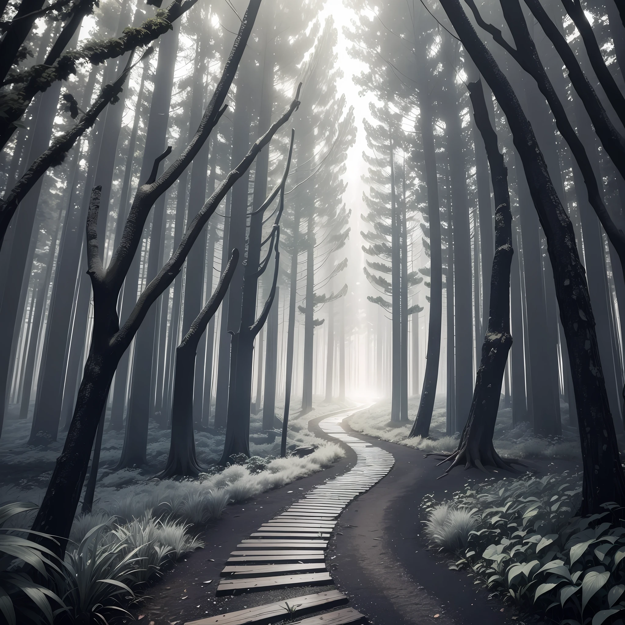 put a backpacking man on a grand path, highres, ultra detailed, (no human:1.3), BREAK , Create an image using a prism effect, with light refraction and creating a colorful and kaleidoscopic appearance. BREAK , Create an image with fisheye lens effect, capturing a wide field of view with a distinct and curved perspective. BREAK , Capture a path in the forest, with tall trees, speckled sunlight and a sense of tranquility and natural beauty. BREAK , Illustrate a monochromatic world, using only shades of black, white and gray to convey depth, emotion and a stunning visual impact. --auto --s2