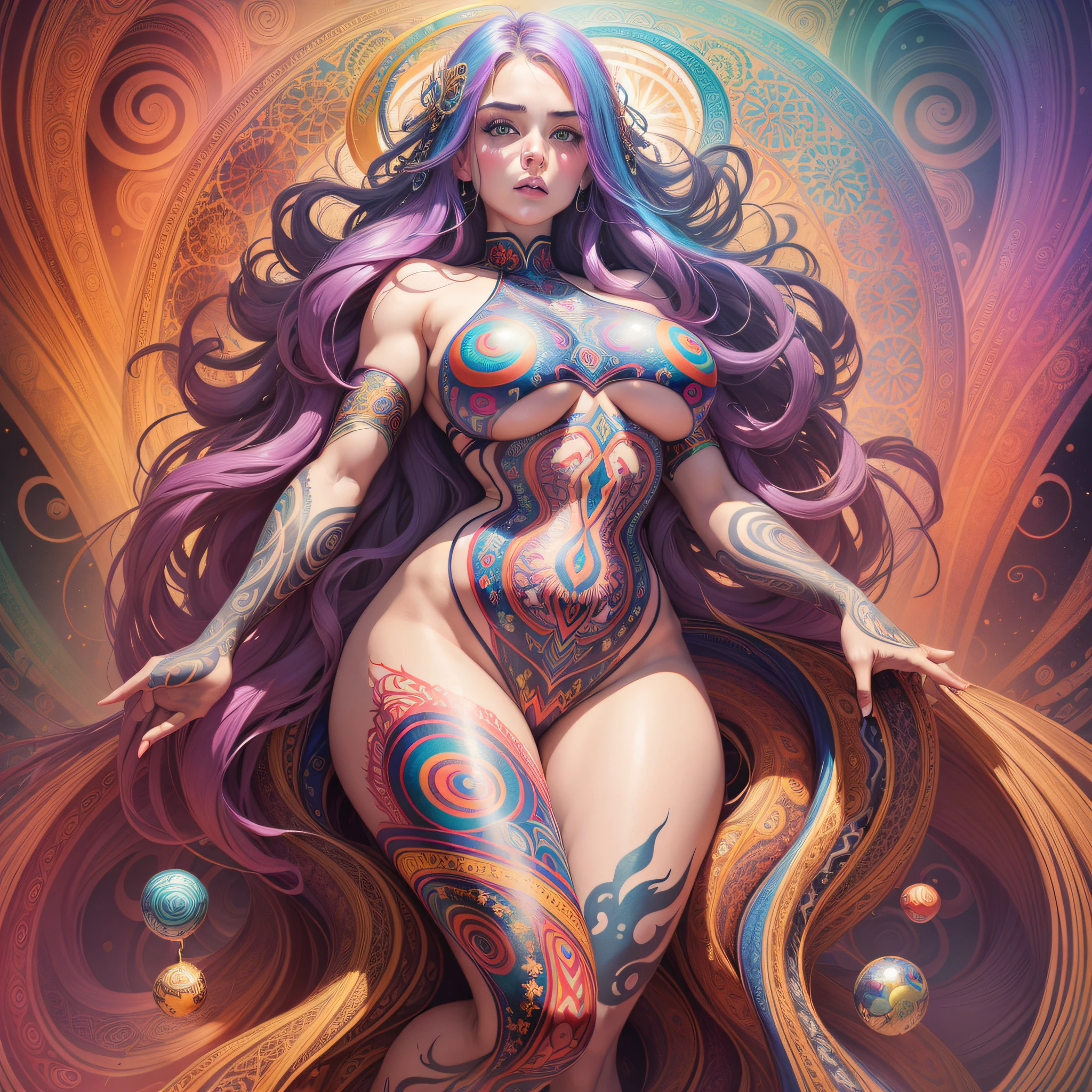 ((Best quality, 8k, Masterpiece :1.3)), 1girl, beautiful woman with emphasis on chubby abs: 1.3, full body, (long hair, large breasts: 1.2), oversized regatta: 1.2, full-body side woman, saturated colors, psychedelic image, LSD, mandala, fractral, costume, tattoo, painted body, bride, body leaning forward, art similar to Alex Grey's art, lots of color saturation,  woman, vortex, ultra realistic