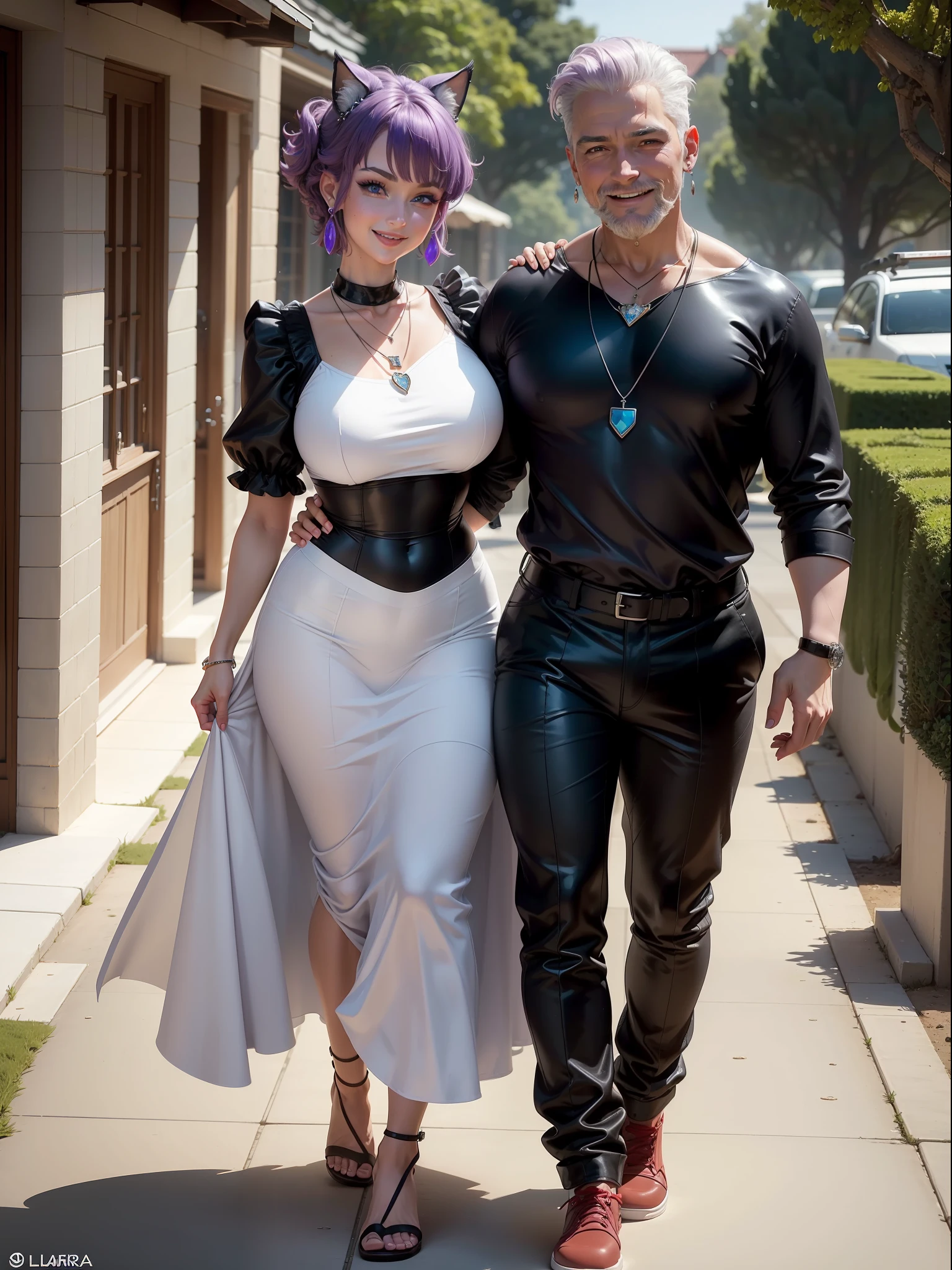 (Full body photo/standing/foot on the ground), ((Laura and Roberto)). Laura (costume/black/part white/maid's outfit/extremely tight on body/tramparent/wet body). Roberto is 90 years old/old/strong/muscular white hair/long beard and is holding Laura's hand. They're walking a red carpet and they're going to walk into a party house. Laura has (short purple hair, blue eyes), with ((red cheeks/smiling/earrings on her ears/necklace on her neck)). Anime, Anime Style, 16k, best quality, high details, UHD, masterpiece