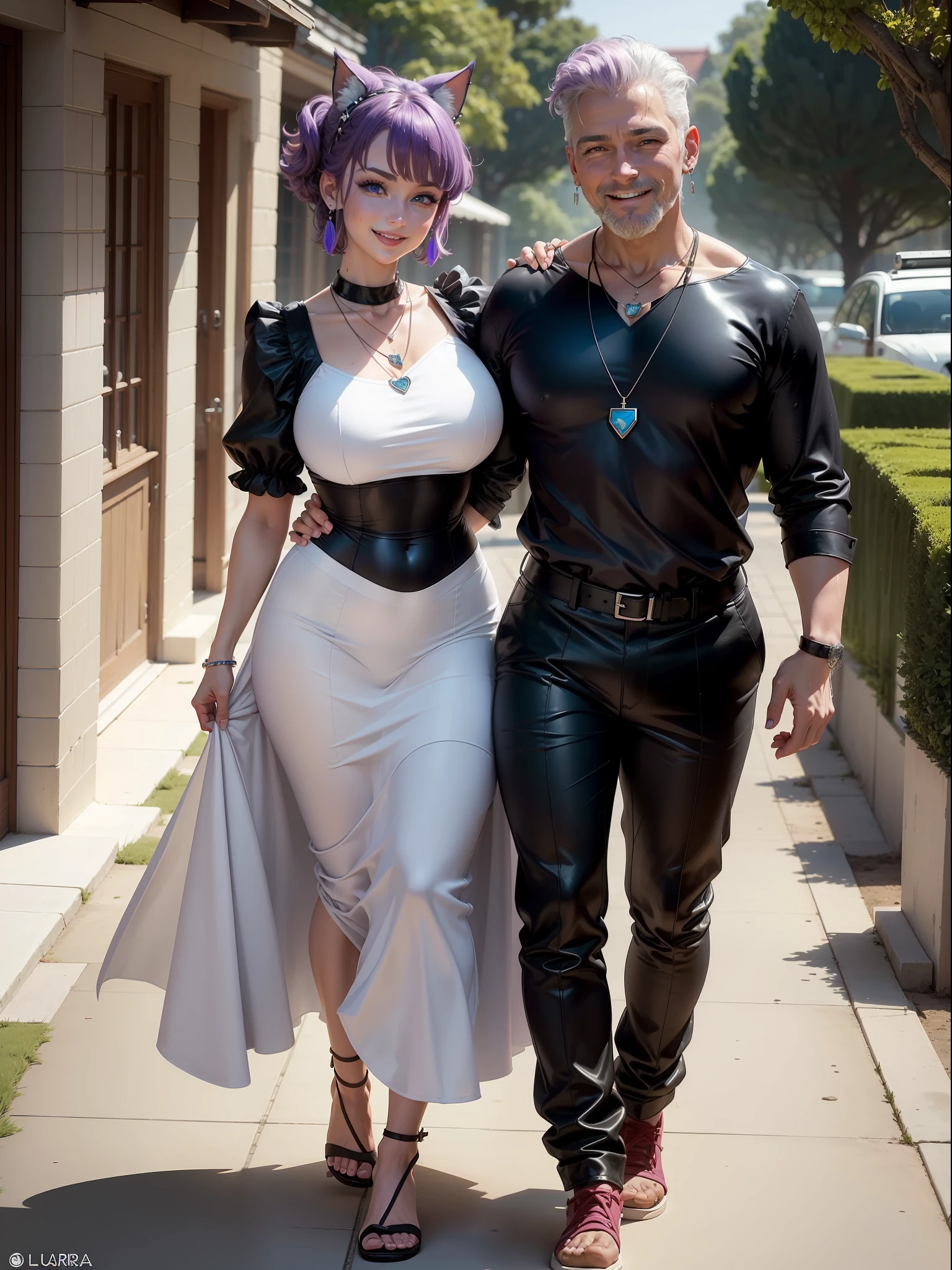 (Full body photo/standing/foot on the ground), ((Laura and Roberto)). Laura (costume/black/part white/maid's outfit/extremely tight on body/tramparent/wet body). Roberto is 90 years old/old/strong/muscular white hair/long beard and is holding Laura's hand. They're walking a red carpet and they're going to walk into a party house. Laura has (short purple hair, blue eyes), with ((red cheeks/smiling/earrings on her ears/necklace on her neck)). Anime, Anime Style, 16k, best quality, high details, UHD, masterpiece
