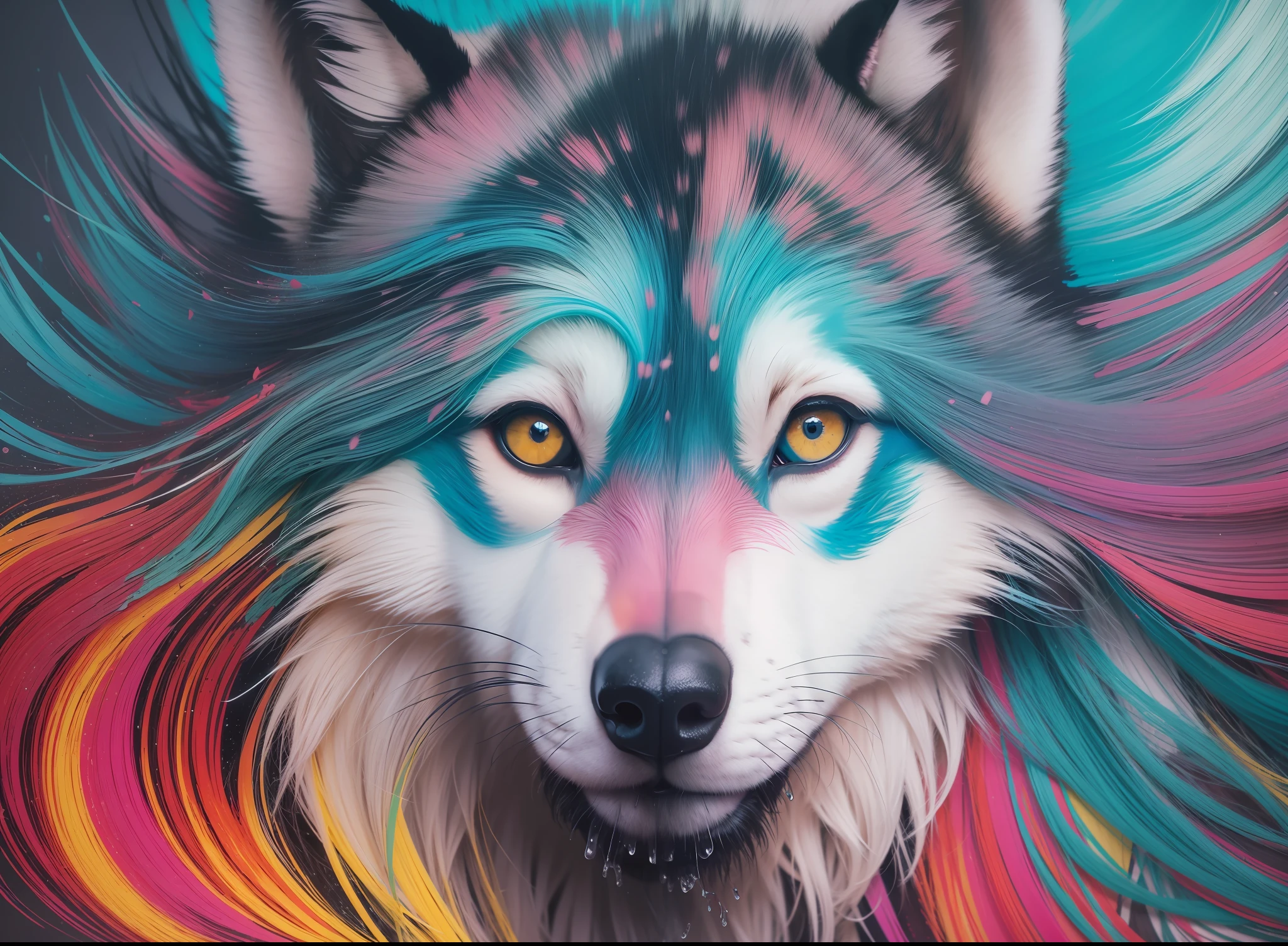 a whole head of a wolf, popping several colorful splashes, abstract, Art by Alberto Seveso, intricate (((solo)))), backgroundless, higher definition, 8k, photorealism, stlye portrait, masterpiece
