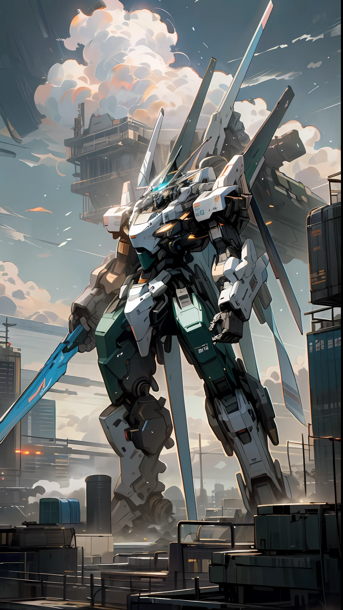 ((Masterpiece, 8k)), Sky, Clouds, holding_weapon, no_humans, Glow, Mecha, Architecture, Science Fiction, City, Reality --v6