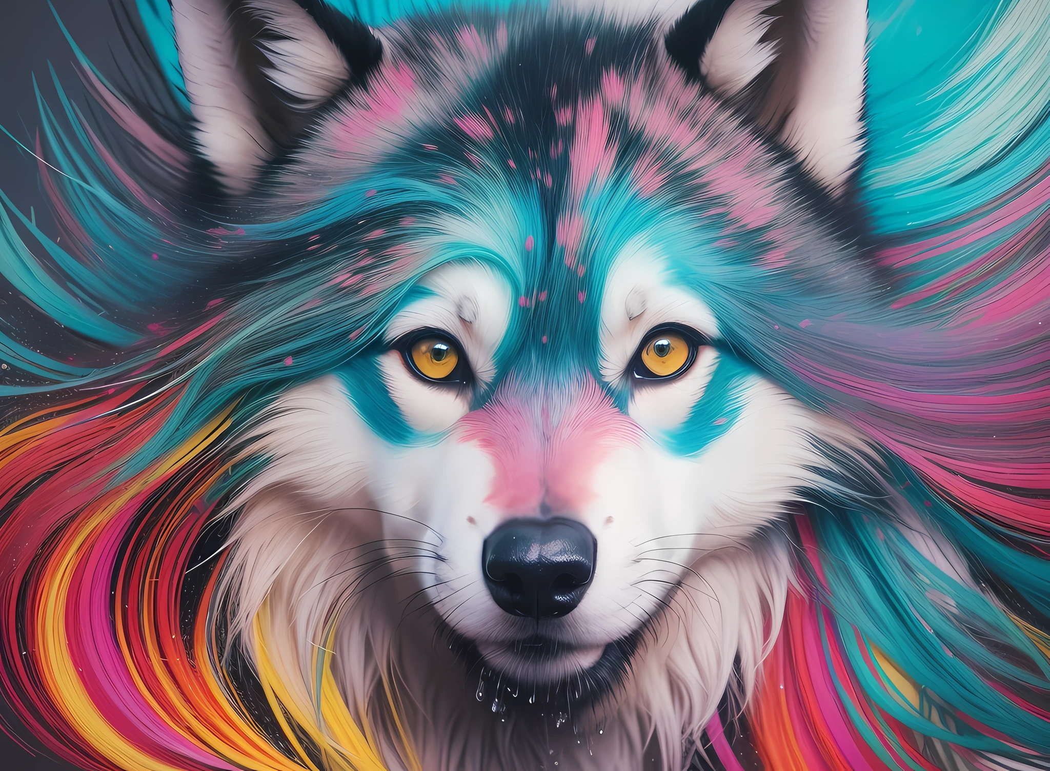 a whole head of a wolf, popping several colorful splashes, abstract, Art by Alberto Seveso, intricate (((solo)))), backgroundless, higher definition, 8k, photorealism, stlye portrait, masterpiece