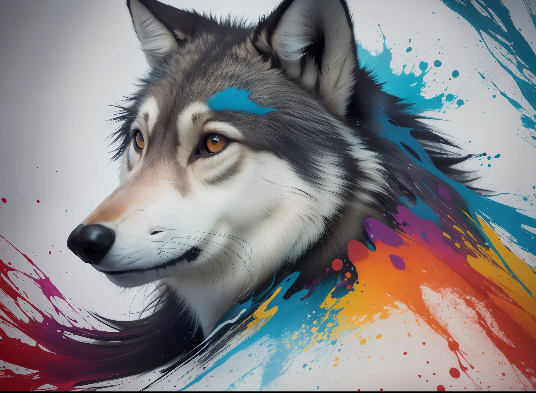 a whole head of a wolf, popping several colorful splashes, abstract, Art by Alberto Seveso, intricate (((solo)))), backgroundless, higher definition, 8k, photorealism, stlye portrait, masterpiece