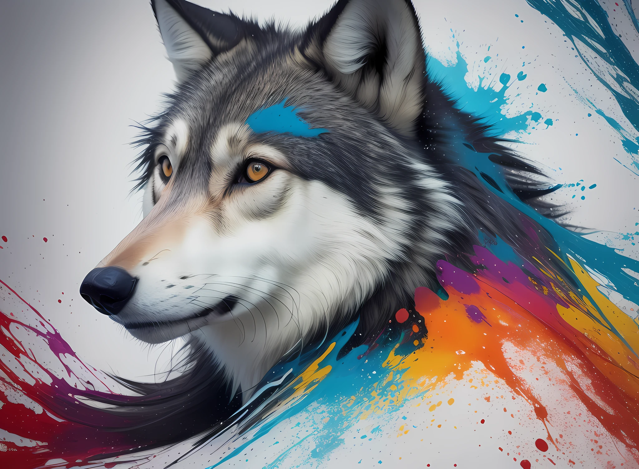 a whole head of a wolf, popping several colorful splashes, abstract, Art by Alberto Seveso, intricate (((solo)))), backgroundless, higher definition, 8k, photorealism, stlye portrait, masterpiece