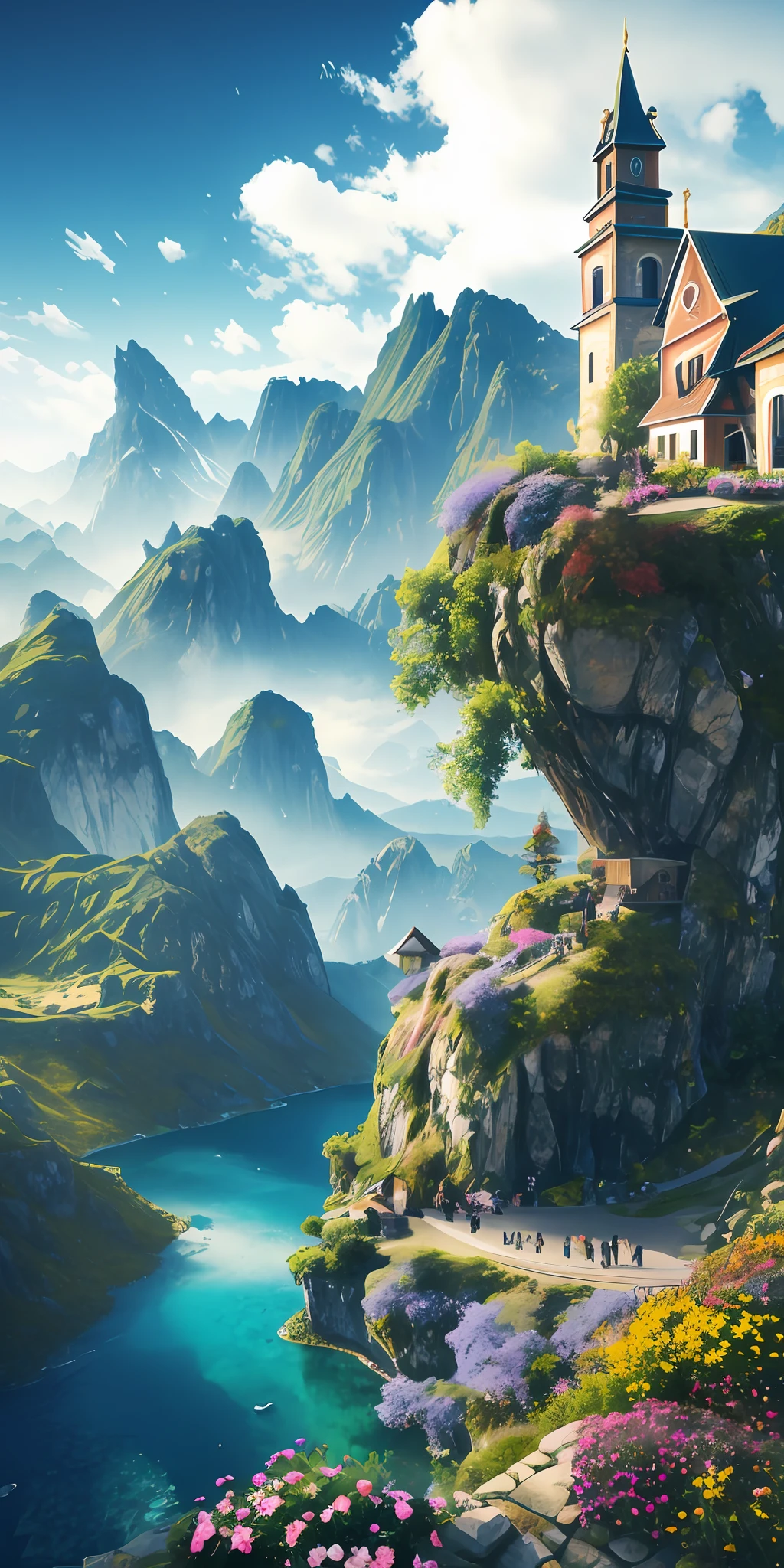 Create a simple house between two sunny mountains. Show people in simple clothes walking in the mountains.