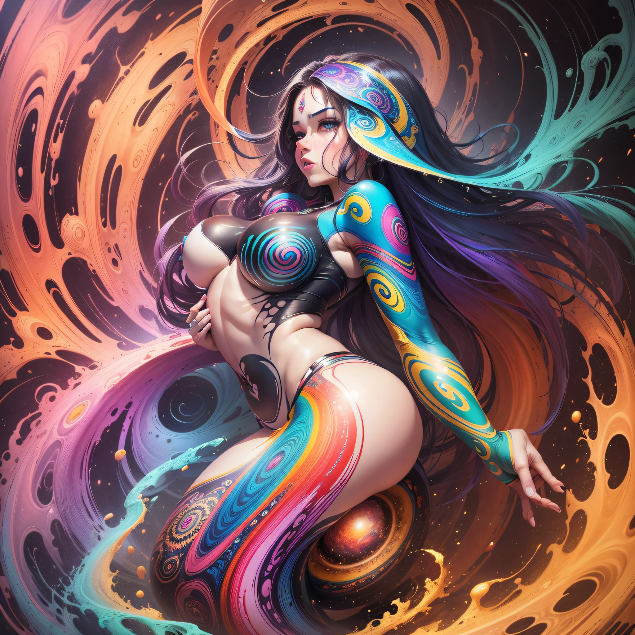 ((Best quality, 8k, Masterpiece :1.3)), 2girl, beautiful woman: 1.3, full body, showing ass, (long hair, big breasts: 1.2), oversized regatta: 1.2, full-body side woman, saturated colors, psychedelic image, LSD, mandala, fractral, costume, tattoo, painted body, bride, body tilted forward, art similar to Alex Grey's art, lots of color saturation, woman, vortex, ultra realistic, planet earth, melting