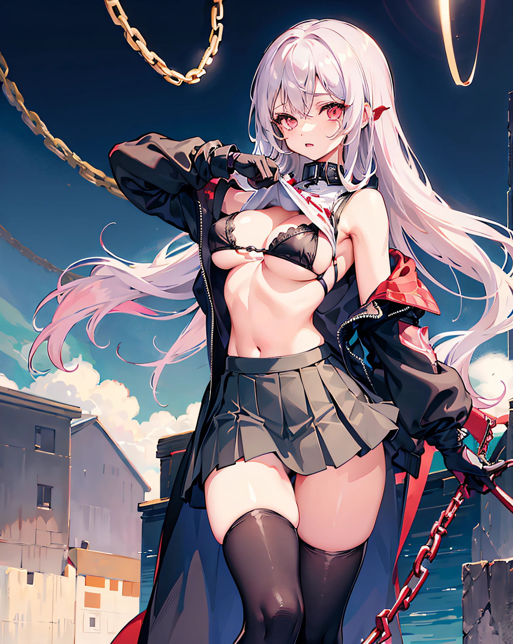 Girl, (((lifting skirt))), to reveal underwear,thong, cleavage, big boobs,very long hair,bdsm,chains,bondage,elegant girl,dainty girl,rurudo,pixiv,thong,gloves,((loli)),white clothing