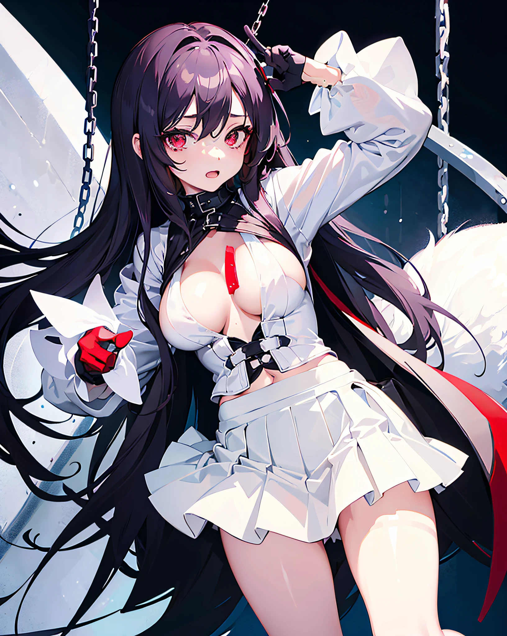 Girl, (((lifting skirt))), to reveal underwear,thong, cleavage, big boobs,very long hair,bdsm,chains,bondage,elegant girl,dainty girl,rurudo,pixiv,thong,gloves,(()),white clothing