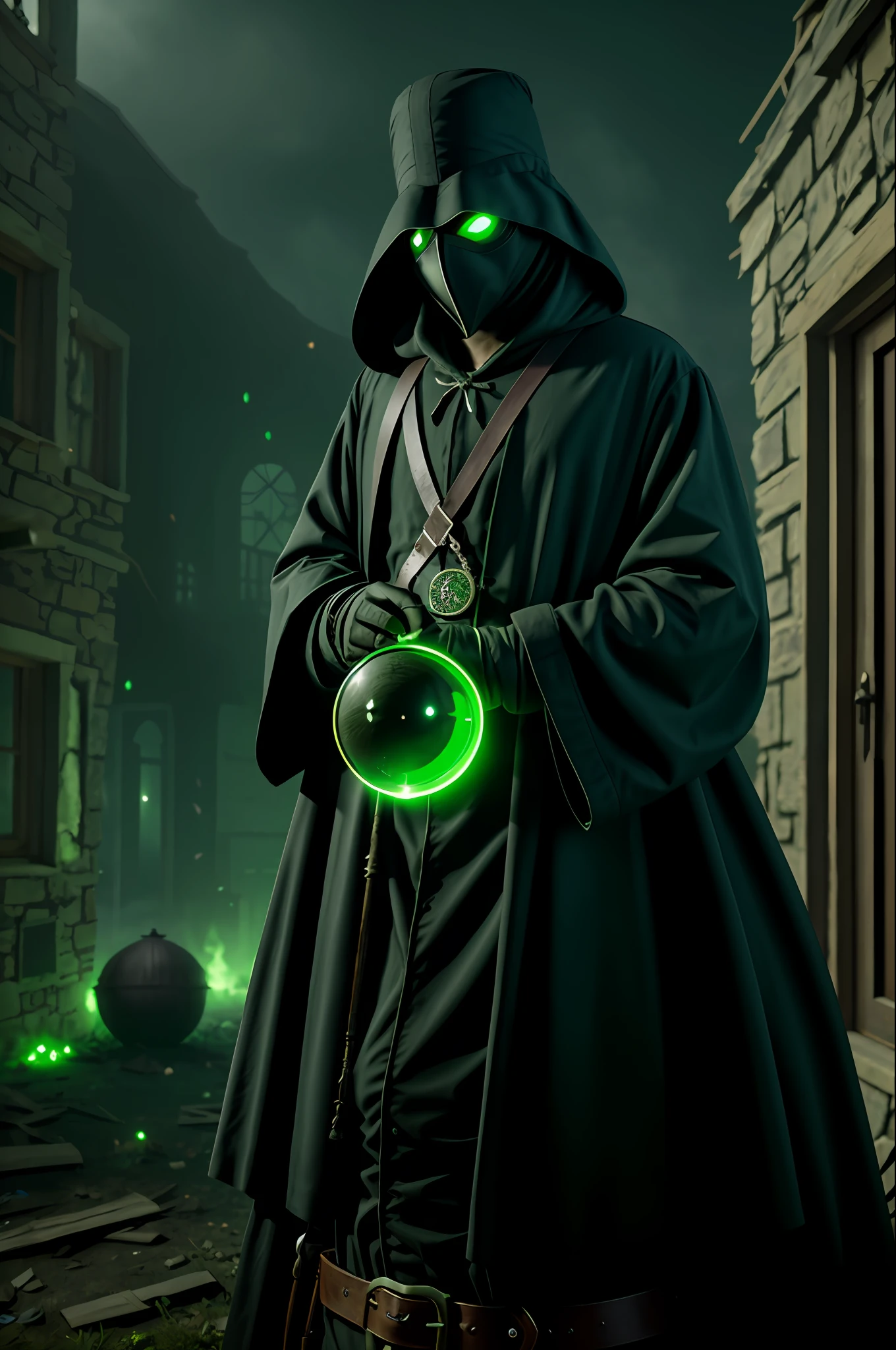 plague doctor with glowing green eyes and a belt of green potions in the middle of an abandoned village ultra high definition, 8k, Unreal 5 engine, ultra sharp focus, complex art, menacing, epic,