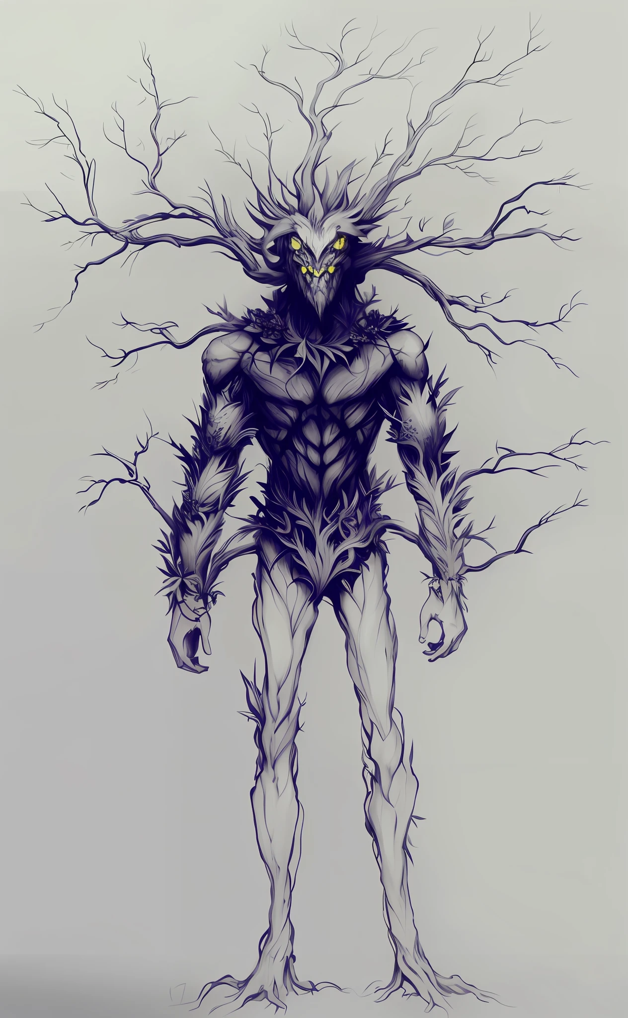 A drawing of a monster with a tree-like head and body, humanoid thistle monster, detailed full-body concept, forest spirit, forest god, full-body concept, humanoid flora, evil tree wizard, demon soul concept art, humanoid creature, Ent Treant Dryad, humanoid form, old humanoid