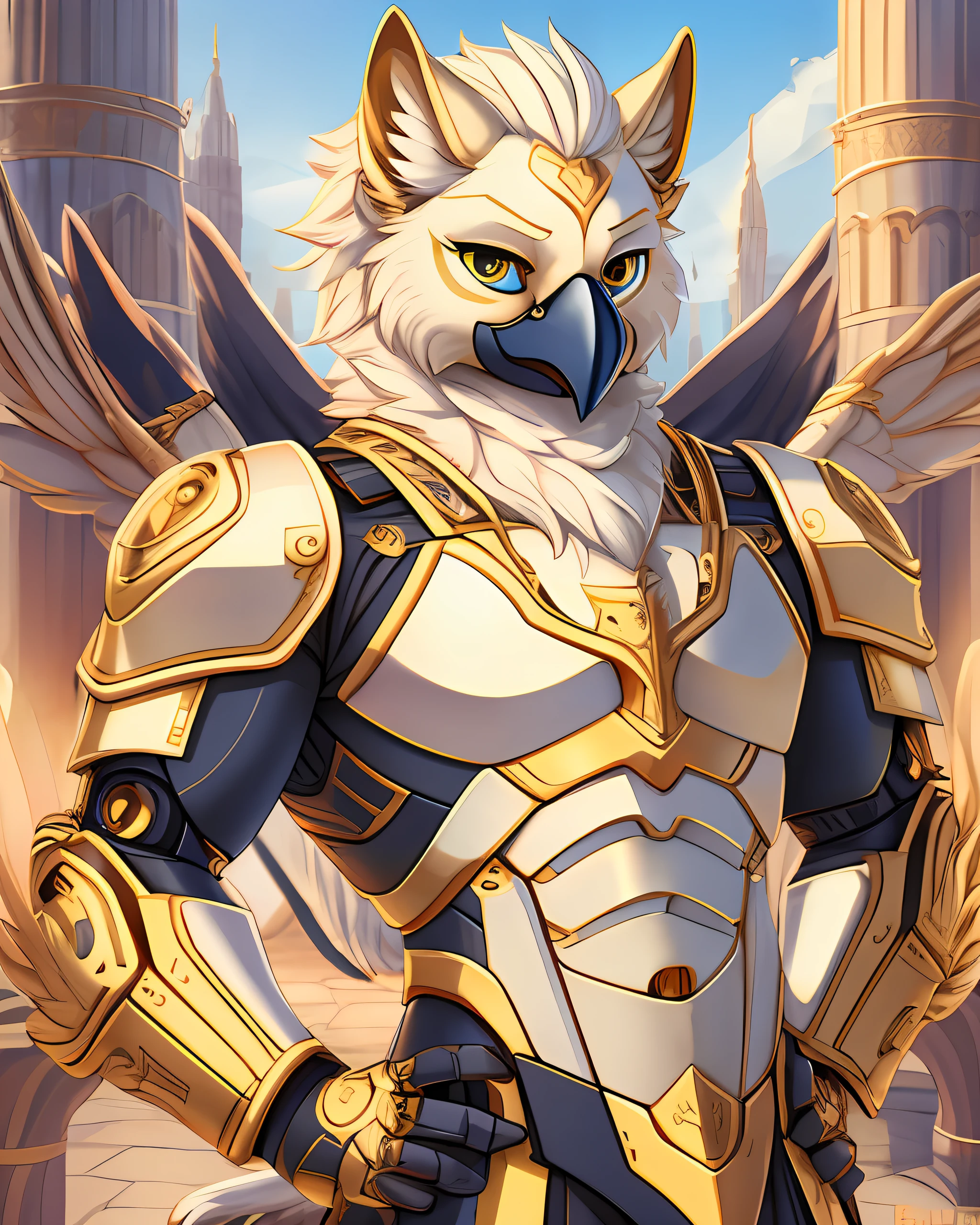 by fluff-kevlar, by vader-san, ivorygoldai, robotic anthro male (gryphon) solo, beak, wings, best quality, looking at viewer, bust