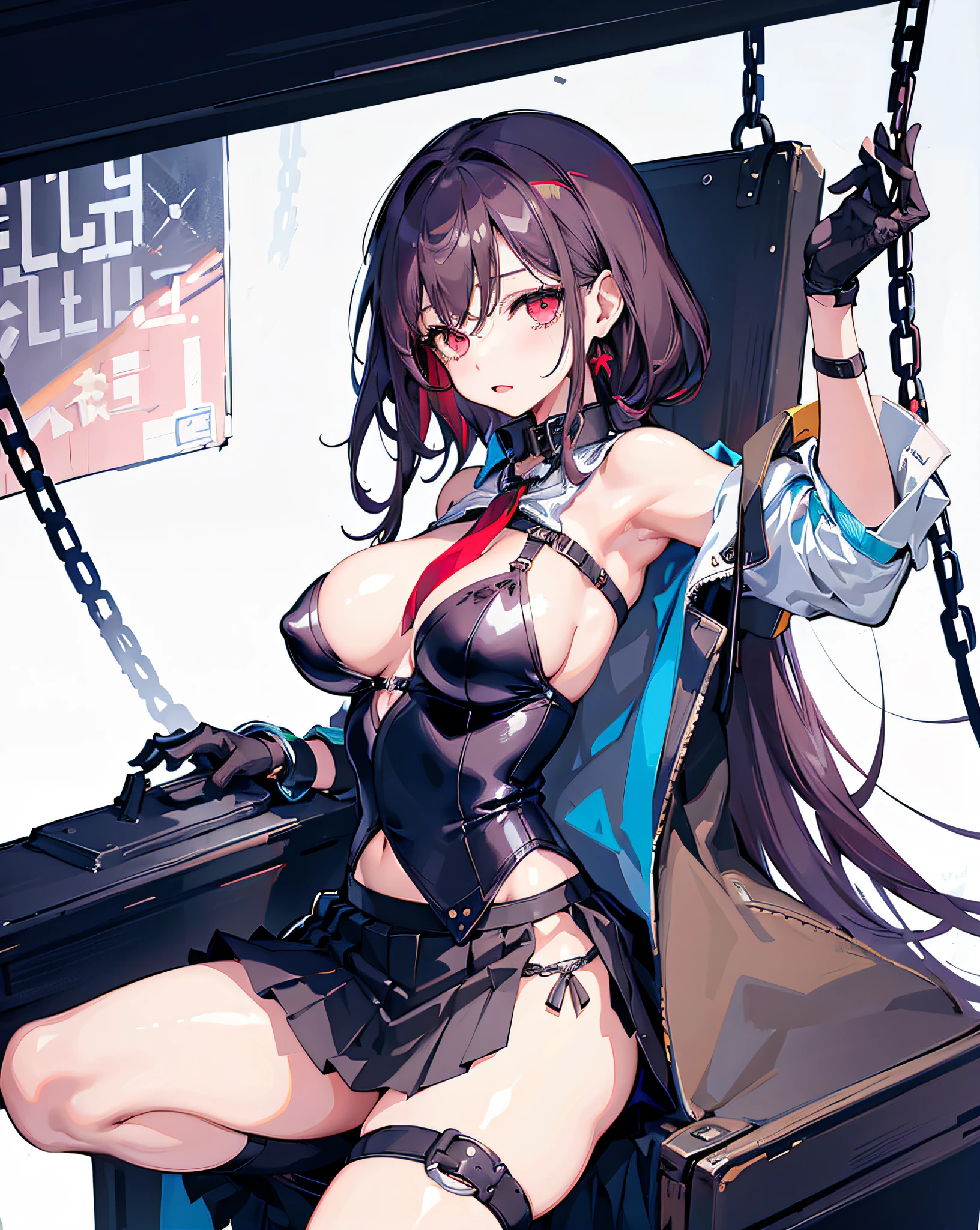 Girl, (((lifting skirt))), to reveal underwear,thong, cleavage, big boobs,very long hair,bdsm,chains,bondage,elegant girl,dainty girl,rurudo,pixiv,thong,gloves,((li)),white clothing