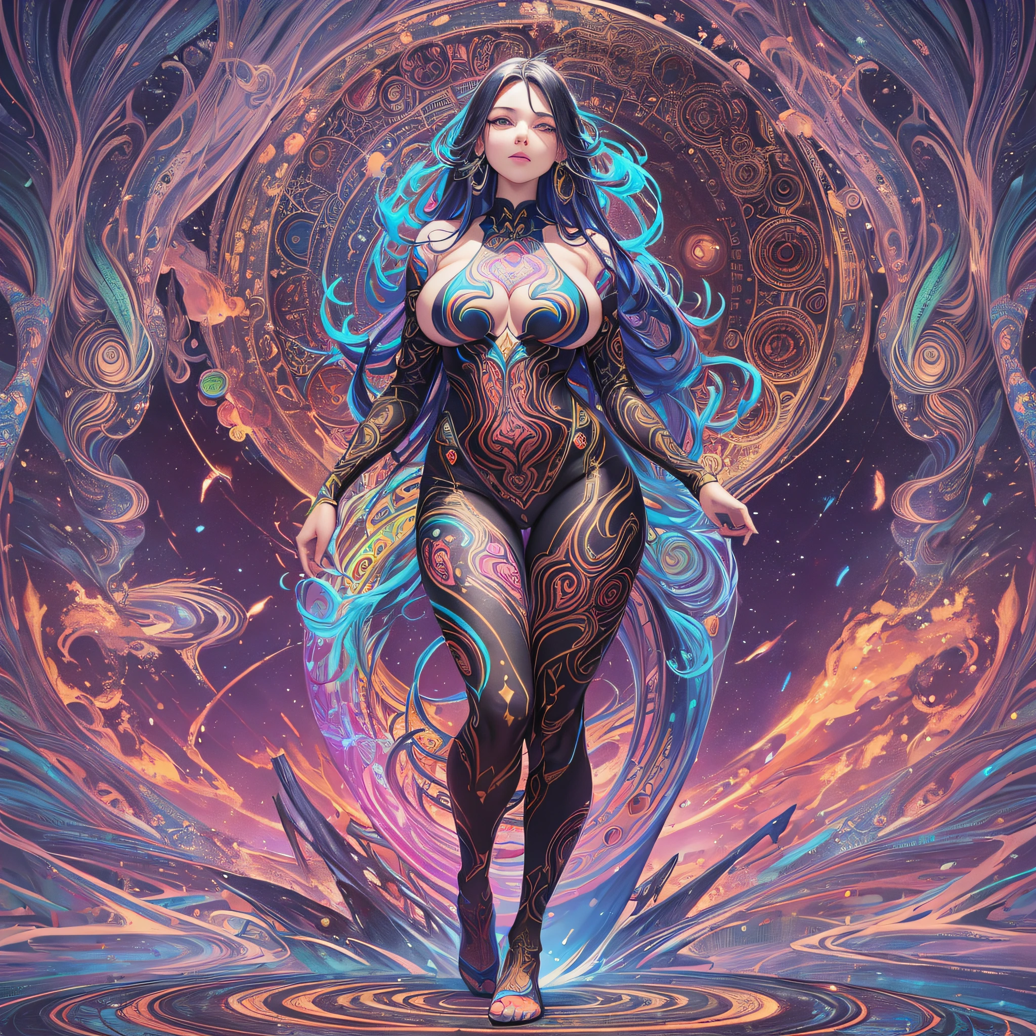 ((Best quality, 8k, Masterpiece :1.3)), 1girl, beautiful woman: 1.3, full body, showing ass, (long hair, big breasts: 1.2), oversized regatta: 1.2, full-body side woman, saturated colors, psychedelic image, LSD, mandala, fractral, costume, tattoo, painted body, bride, body tilted forward, art similar to Alex Grey's art, lots of color saturation, woman, vortex, ultra realistic, planet earth, melting, galax --auto --s2
