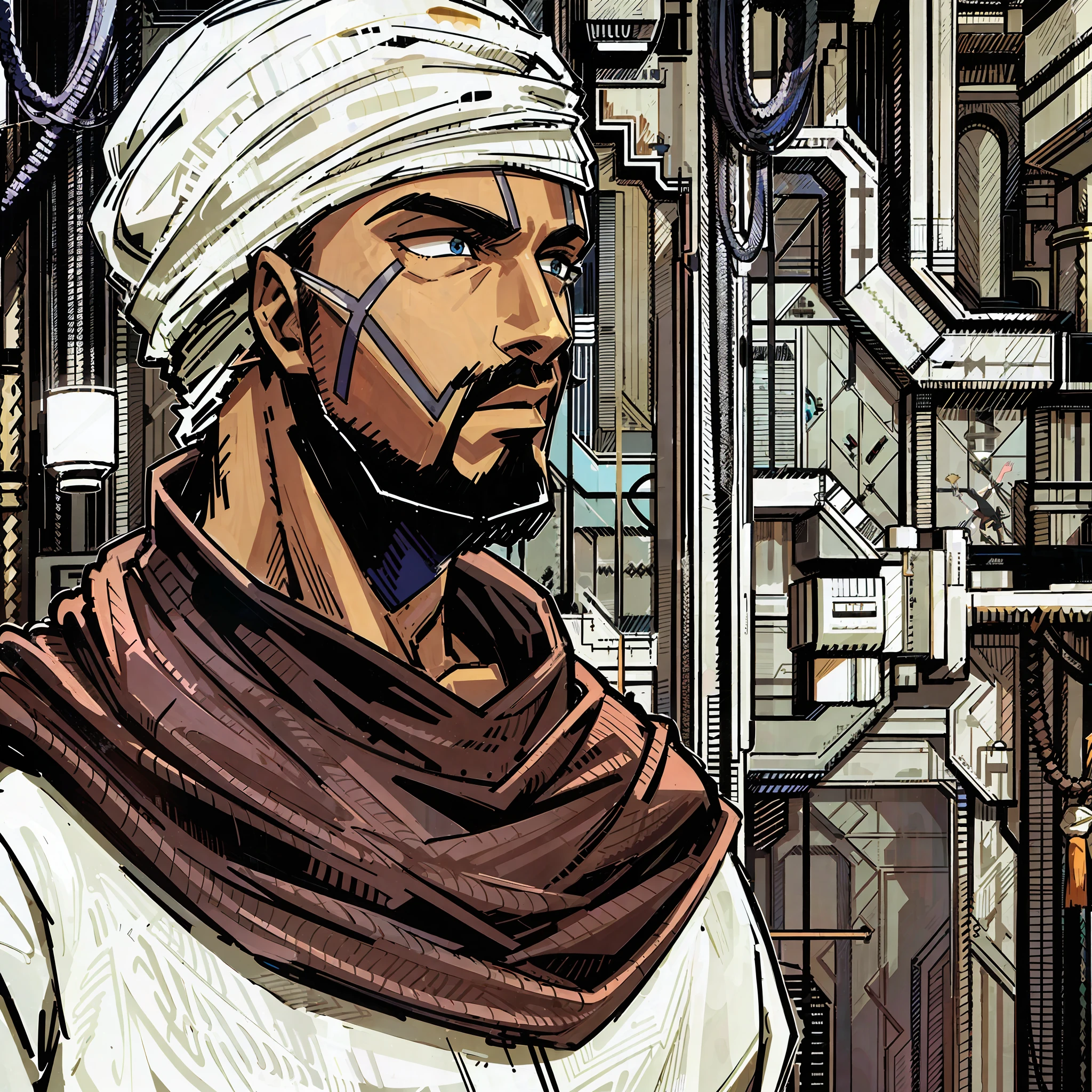 a close up of a man with a turban on his head, handsome prince of persia, dark skin, smiling, saudi futuristic warrior mecha, looking foward, arabian samurai, arab man, as illustrated in top cow comics, sheikh, anime, comic, moebius style, beard, white teeths, nice smile, full body --auto --s2