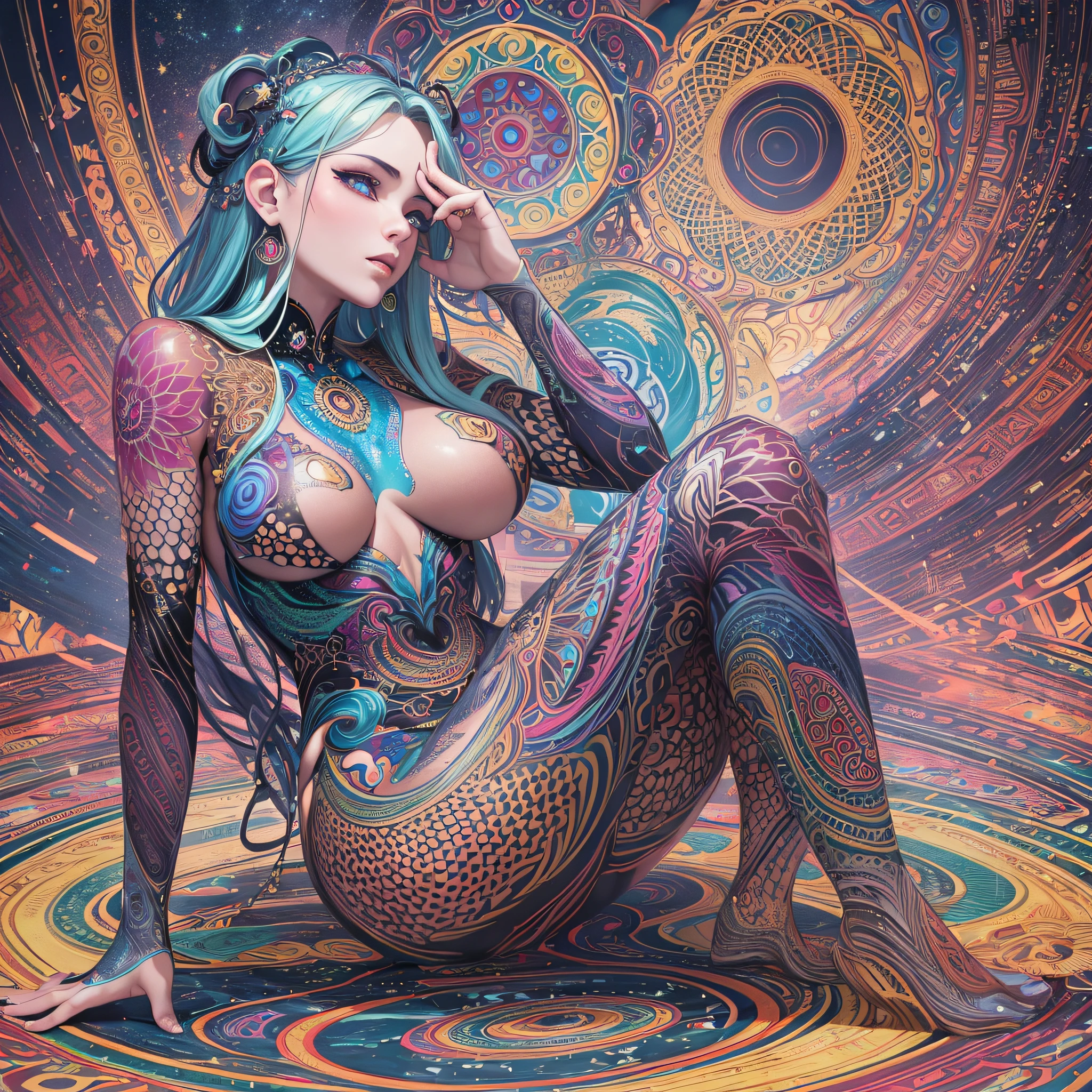 ((Best quality, 8k, Masterpiece :1.3)), 1girl, beautiful woman: 1.3, beautiful face, sensual position, showing ass, full-body side woman, saturated colors, psychedelic image, LSD, mandala, fractral, costume, tattoo, painted body, bride, body tilted forward, art similar to Alex Grey's art, lots of color saturation, woman, vortex, ultra realistic, planet earth, melting, Galax --auto --s2