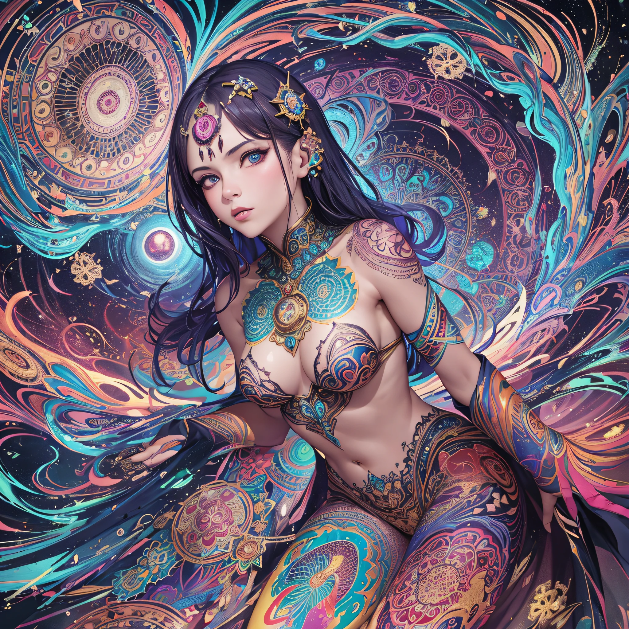 ((Best quality, 8k, Masterpiece :1.3)), 1girl, beautiful woman: 1.3, beautiful face, front, full body, open legs, saturated colors, psychedelic image, , mandala, fractral, costume, tattoo, painted body, bride, body leaning forward, art similar to Alex Grey's art, lots of color saturation, woman, vortex, ultra realistic, planet earth, exploding, Galax --auto --s2
