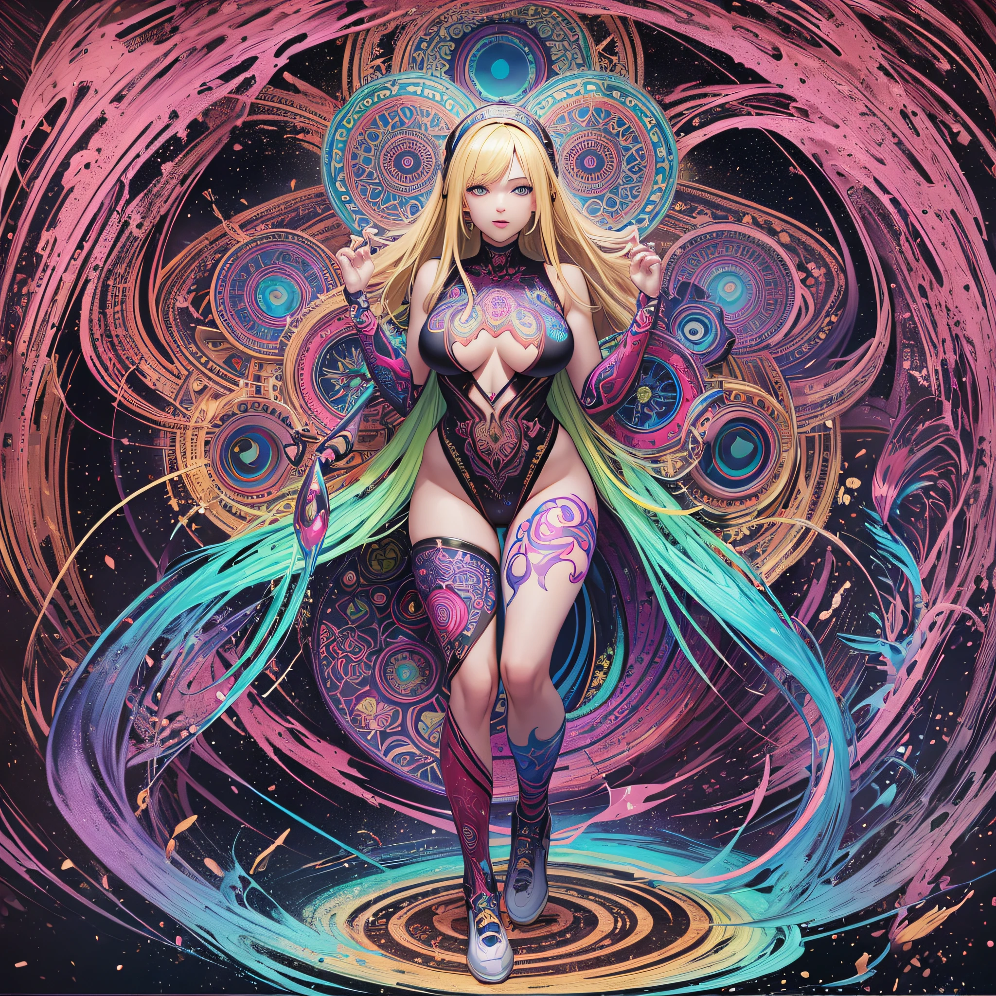 ((Best quality, 8k, Masterpiece :1.3)), 1girl, beautiful woman: 1.3, beautiful face, front, full body, open legs, saturated colors, psychedelic image, LSD, mandala, fractral, costume, tattoo, painted body, bride, body leaning forward, art similar to Alex Grey's art, lots of color saturation, woman, vortex, ultra realistic, planet earth, exploding, Galax --auto --s2