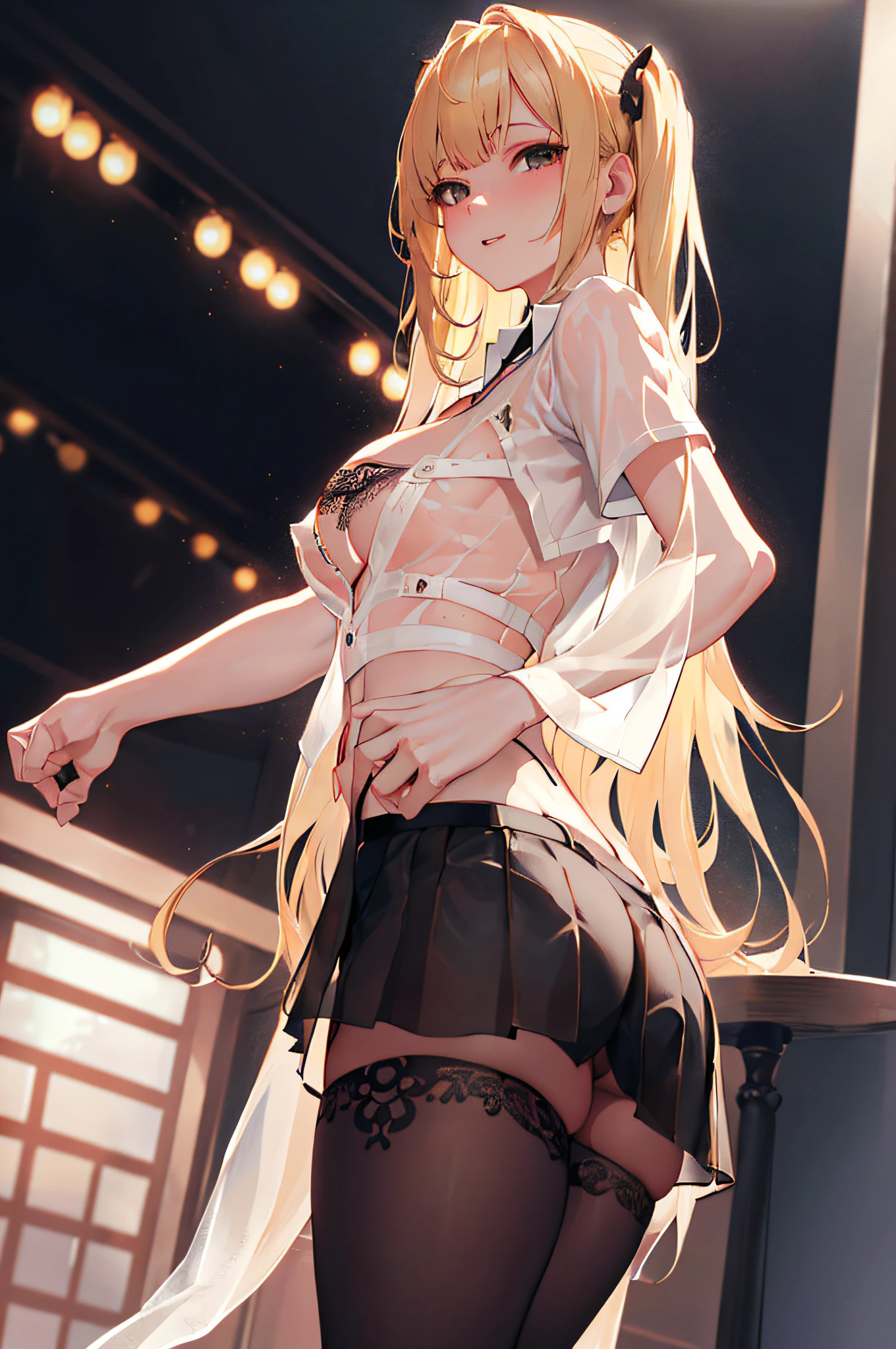 masterpiece, Blonde hair, Long hair, Nightclub, White shirt, Short sleeves, Unbuttoned, Black skirt, Pleated skirt, Tattoo, Collar, NSFW (see-through lingerie:1.3),