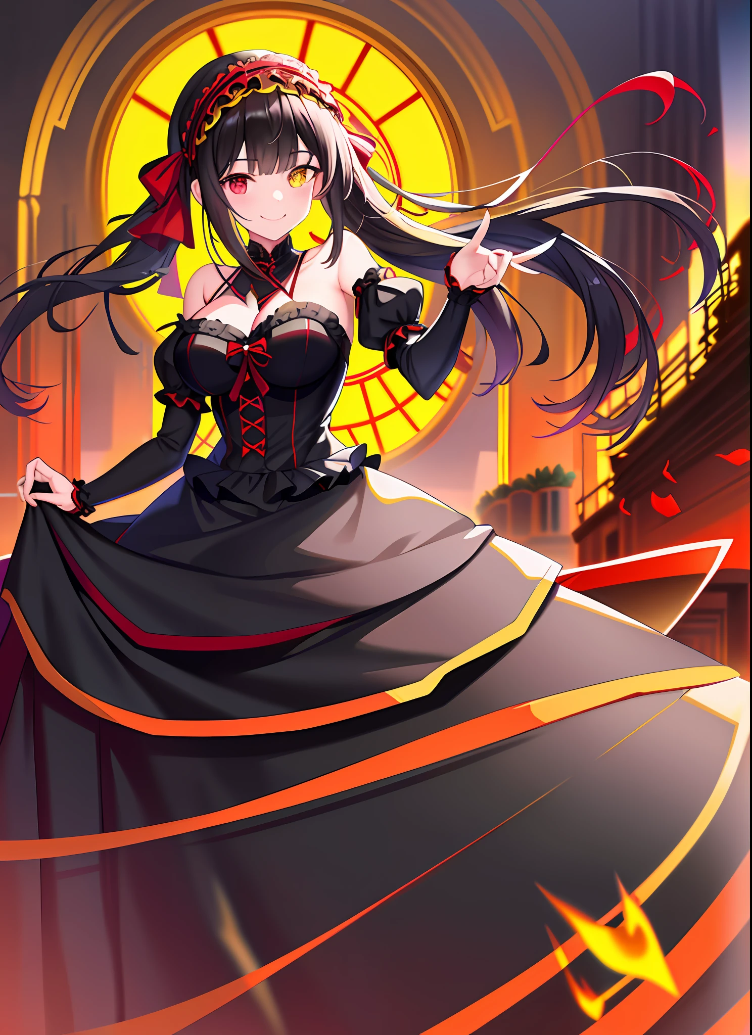 (1girl), black hair, tokisaki kurumi, adult female, headband, heterochromia:1.5, red eye, yellow eye, dominant, domina, goth, Spirit form, long twintails, hourglass figure, medium breast, smile, wedding dress, curch,