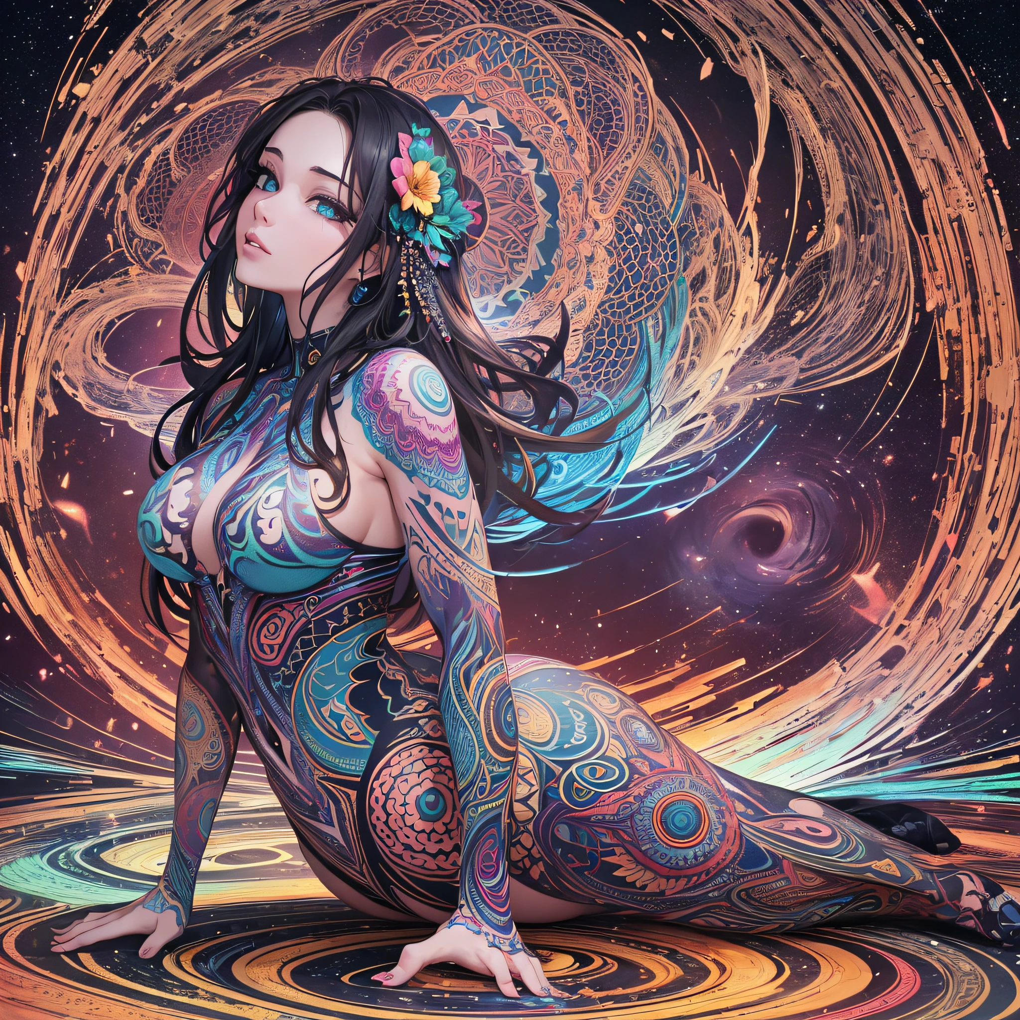 ((Best quality, 8k, Masterpiece :1.3)), 1girl, beautiful woman: 1.3, beautiful face, sensual position, showing ass, full-body side woman, saturated colors, psychedelic image, LSD, mandala, fractral, costume, tattoo, painted body, bride, body leaning forward, art similar to Alex Grey's art, lots of color saturation, woman, vortex, ultra realistic, planet earth, burning, galaxy --auto --s2
