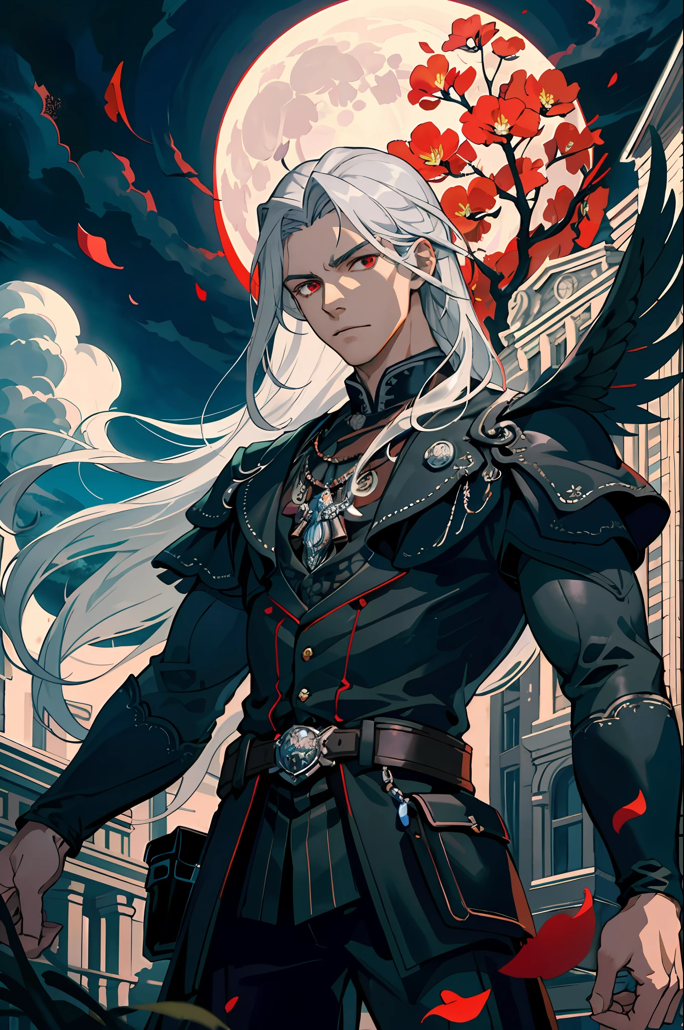 masterpiece, best quality, 1 male, adult, tall muscular, handsome, finely detailed eyes, intricate details, long silver hair, red eyes, intricate details, fantasy, night, (dark theme), cinematic lighting, colorful, portrait, flying petal, Flowery meadow, cloudy sky, building, moon, light, dutch angle, cowboy shot