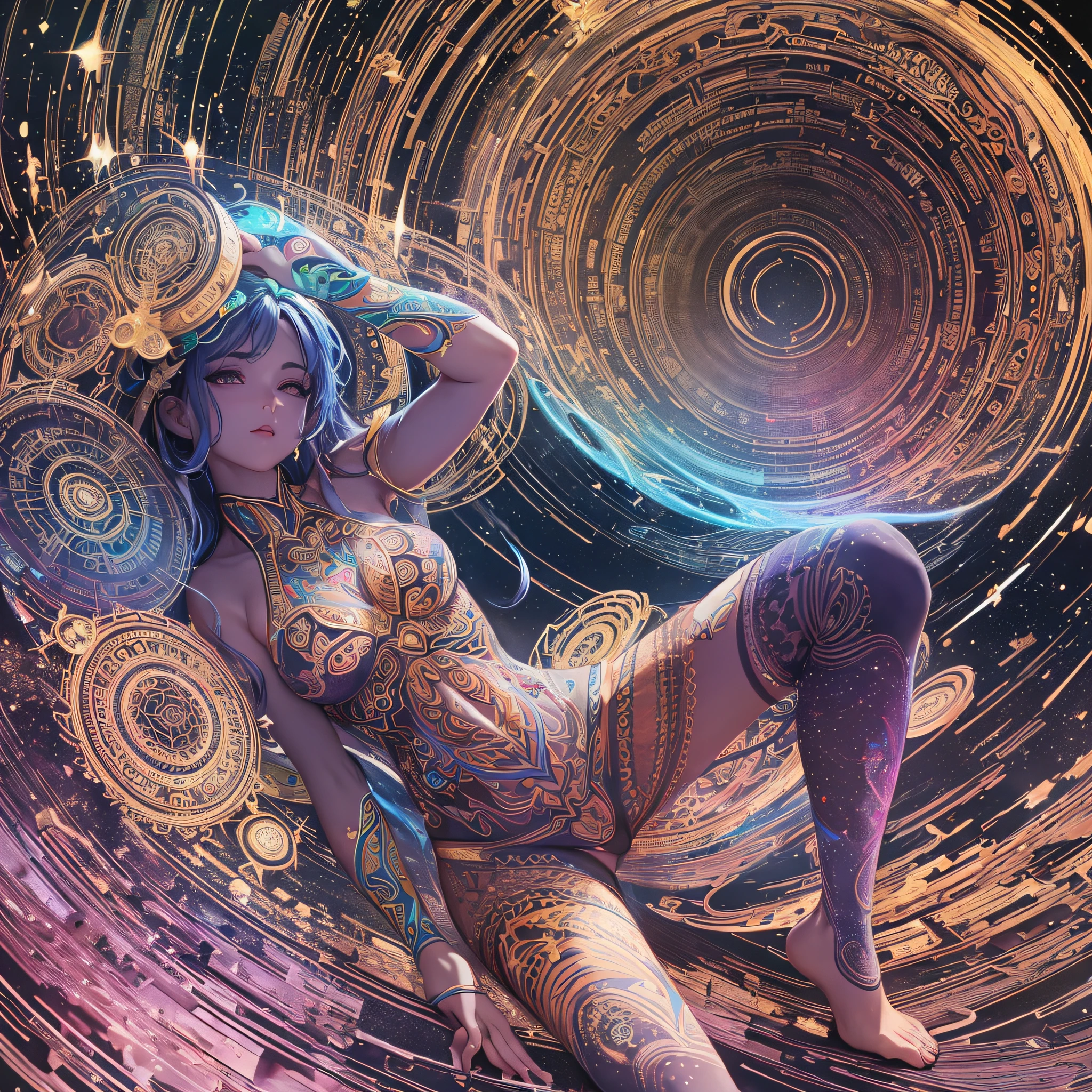 ((Best quality, 8k, Masterpiece :1.3)), 1girl, beautiful woman: 1.3, beautiful face, one leg up, full body woman over 24 years old, saturated colors, psychedelic image, LSD, mandala, fractral, costume, tattoo, painted body, bride, body leaning forward, art similar to Alex Grey's art, lots of color saturation, woman, vortex, ultra realistic,  planet earth, galaxy --auto --s2