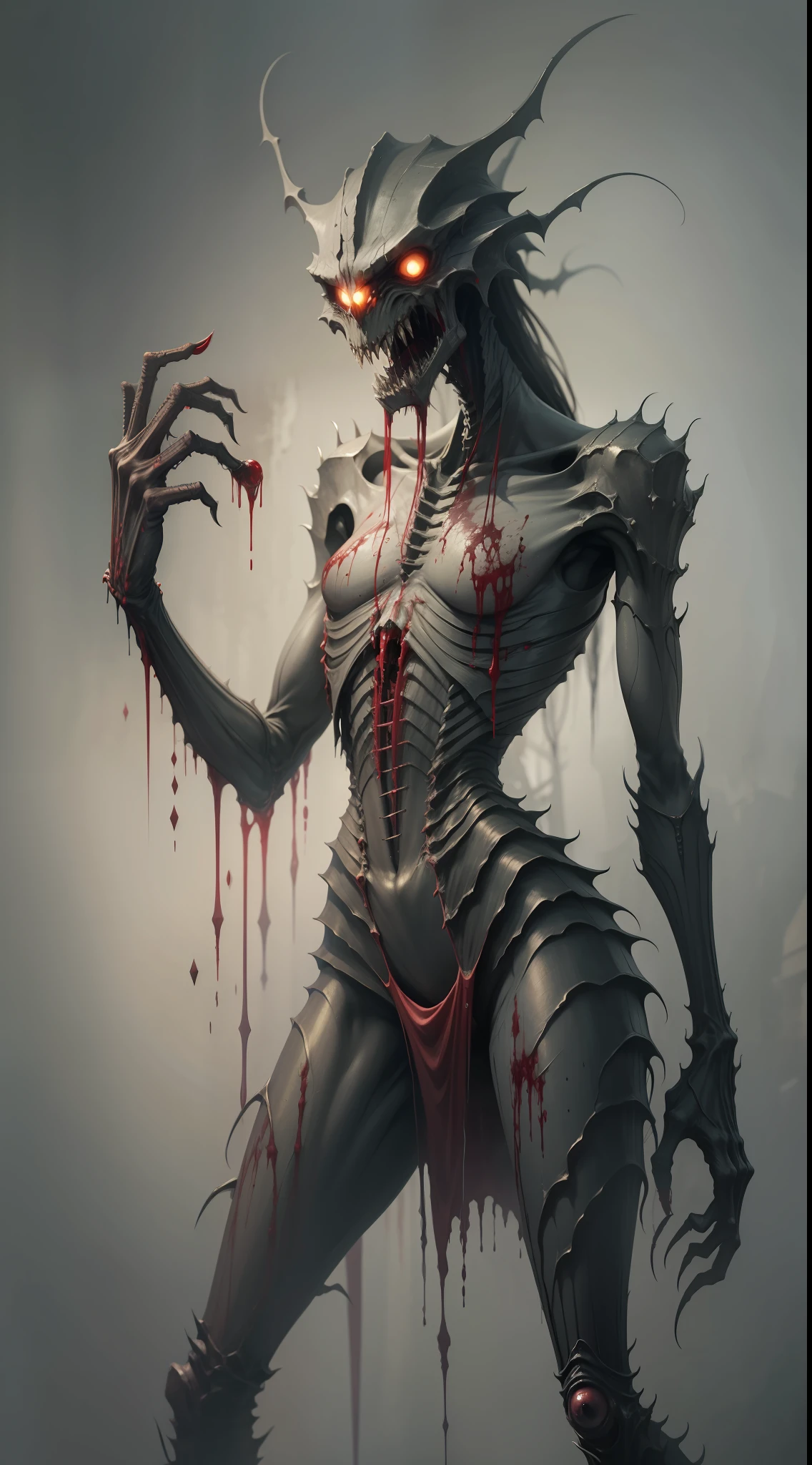 Masterpiece, Best Quality, 8K, Creepy Humanoid Monster, Long Skinny, Sharp Long Teeth, Many Teeth, Blood, Long Arms, Long Legs, Scary Eyes, Nightmare and Horror