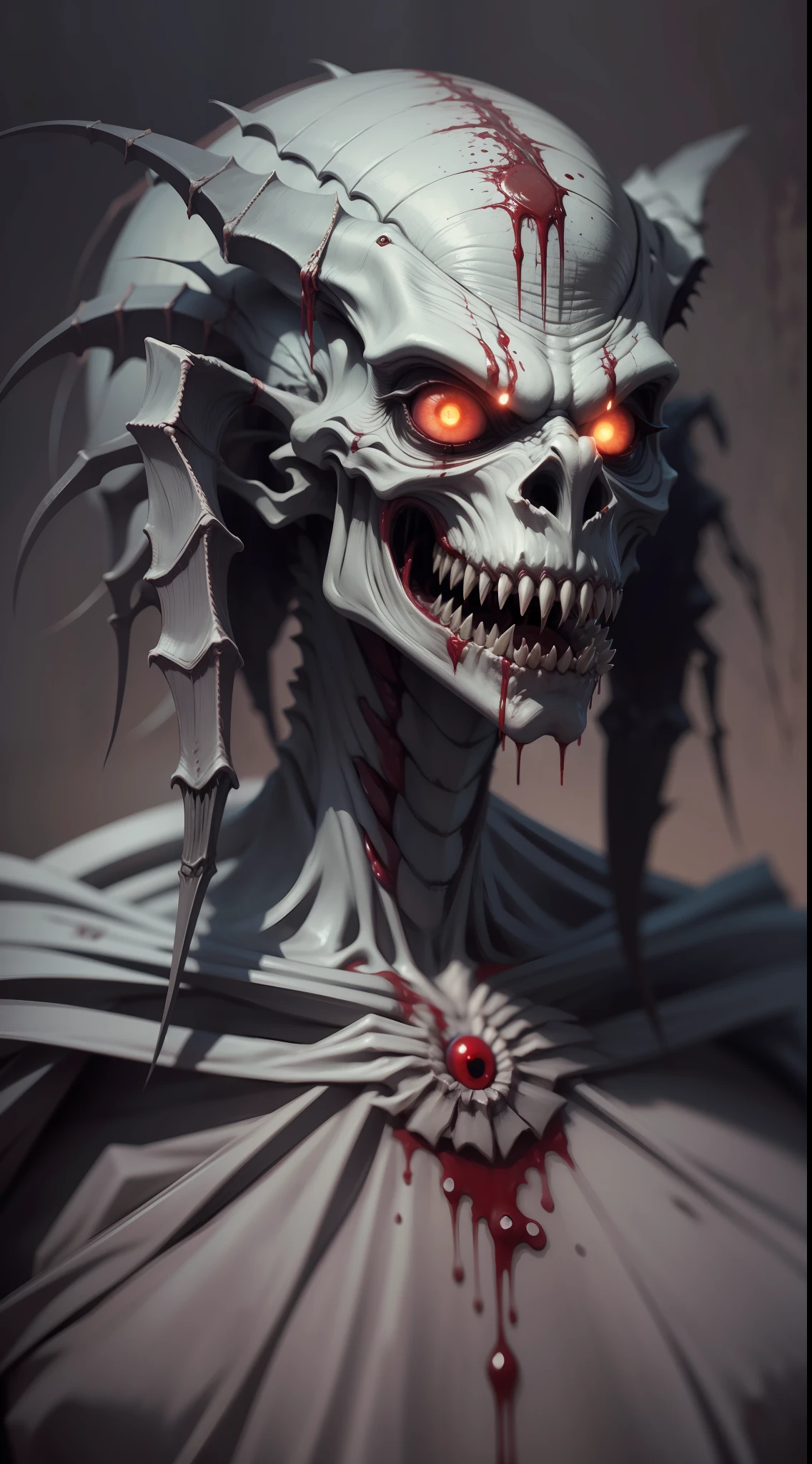 Masterpiece, Best Quality, 8K, Creepy Humanoid Monster, Long Skinny, Sharp Long Teeth, Many Teeth, Blood, Long Arms, Long Legs, Scary Eyes, Nightmare and Horror