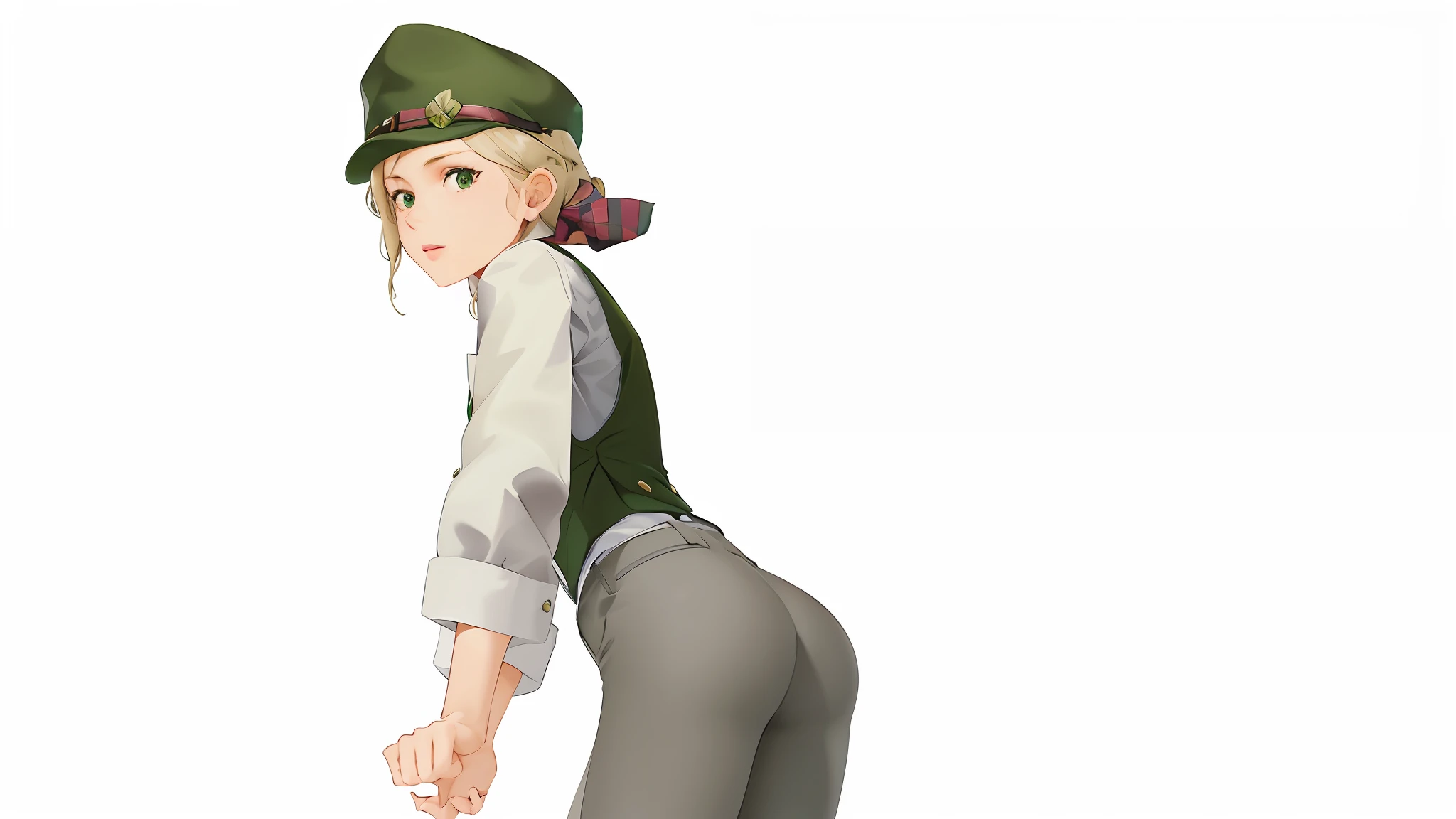 1girl, best quality, gina lestrade, green hat, hat, white shirt, green vest, vest, gray pants, tight pants, from behind, butt ,large butt, suggestive
