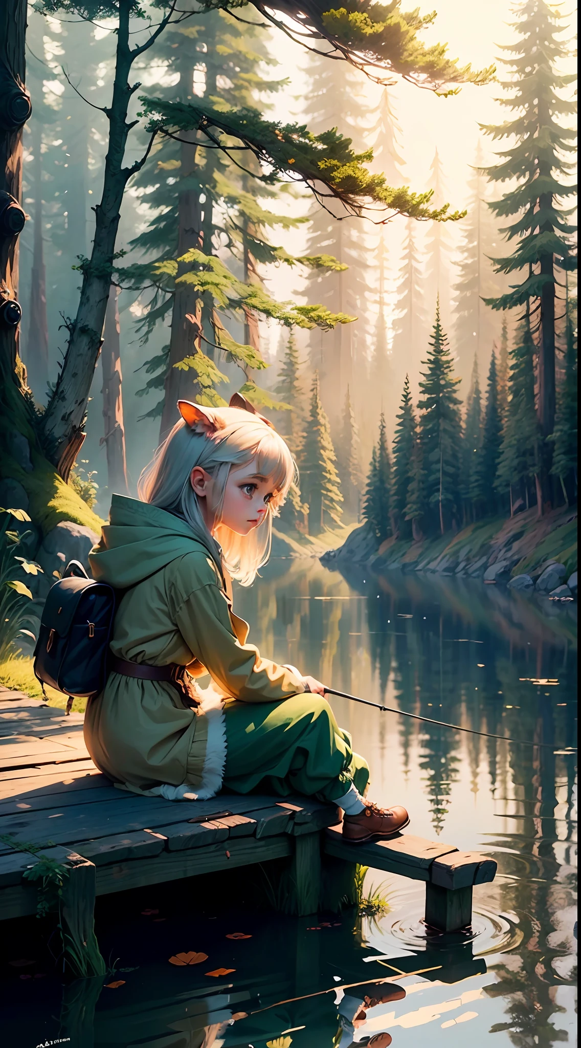 Painting of a girl sitting on a dock in the woods - SeaArt AI