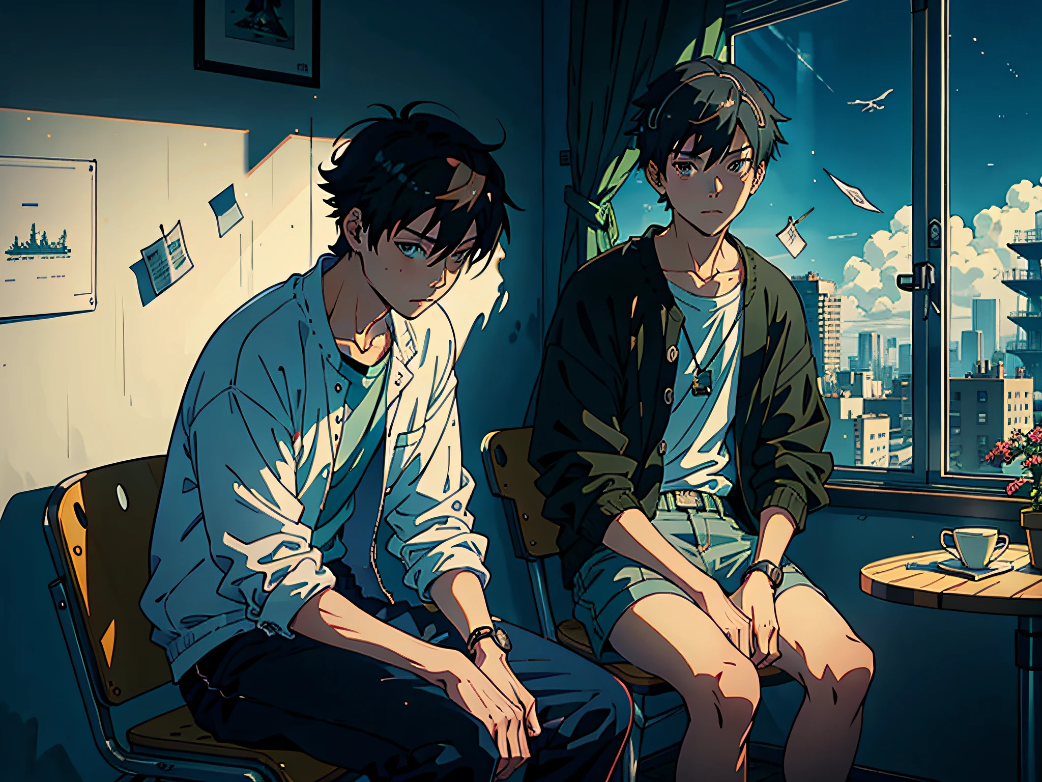 anime character sitting in a chair with money flying around him, lofi artstyle, ( ( makoto shinkai ) ), trending on cgstation, makoto shinkai. —h 2160, lofi aesthetic, lofi, inspired by Bian Shoumin, lofi hip hop, in style of makoto shinkai, kawacy, guweiz