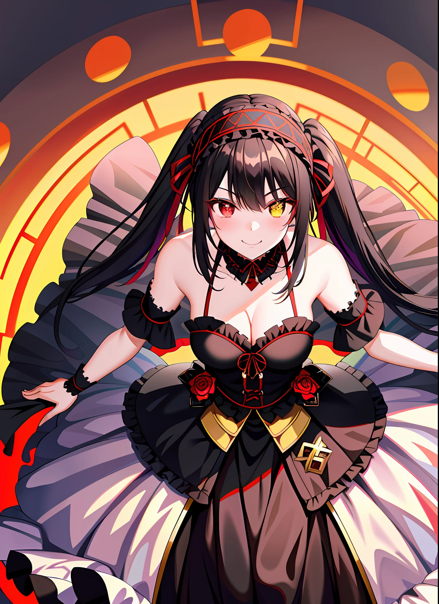 (1girl), black hair, tokisaki kurumi, adult female, headband, heterochromia:1.5, red eye, yellow eye, dominant, domina, goth, Spirit form, long twintails, medium breast, smile, wedding dress, curch, white dress,