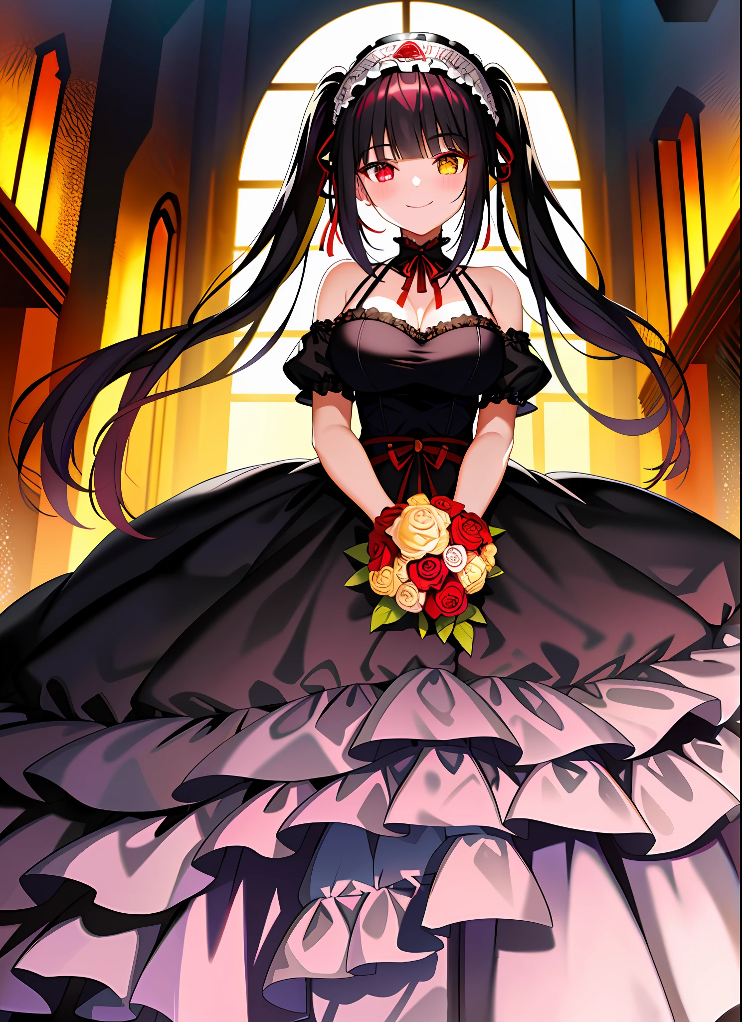 (1girl), black hair, tokisaki kurumi, adult female, headband, heterochromia:1.5, red eye, yellow eye, dominant, domina, goth, Spirit form, long twintails, medium breast, smile, wedding dress, curch, white dress,