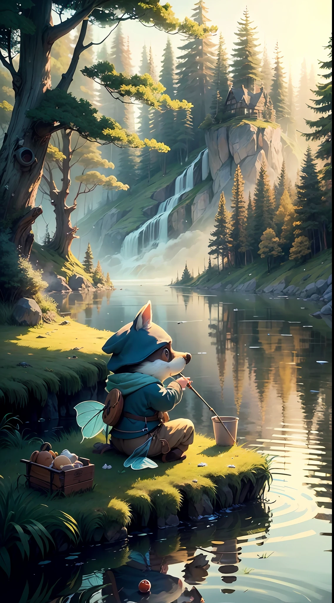 A small anthropomorphic animal, big eyes, a plush toy in old clothes come to life, sitting on a bridge on the shore of a forest lake and fishing with a fishing rod, a sunny early morning, dew on the grass, fog over the water, a fairy-tale atmosphere, like an illustration for a children's fairy tale, a lot of details, careful detailing, ultra detailing, the atmosphere of a good fairy tale, muted colors, like a drawing from a book