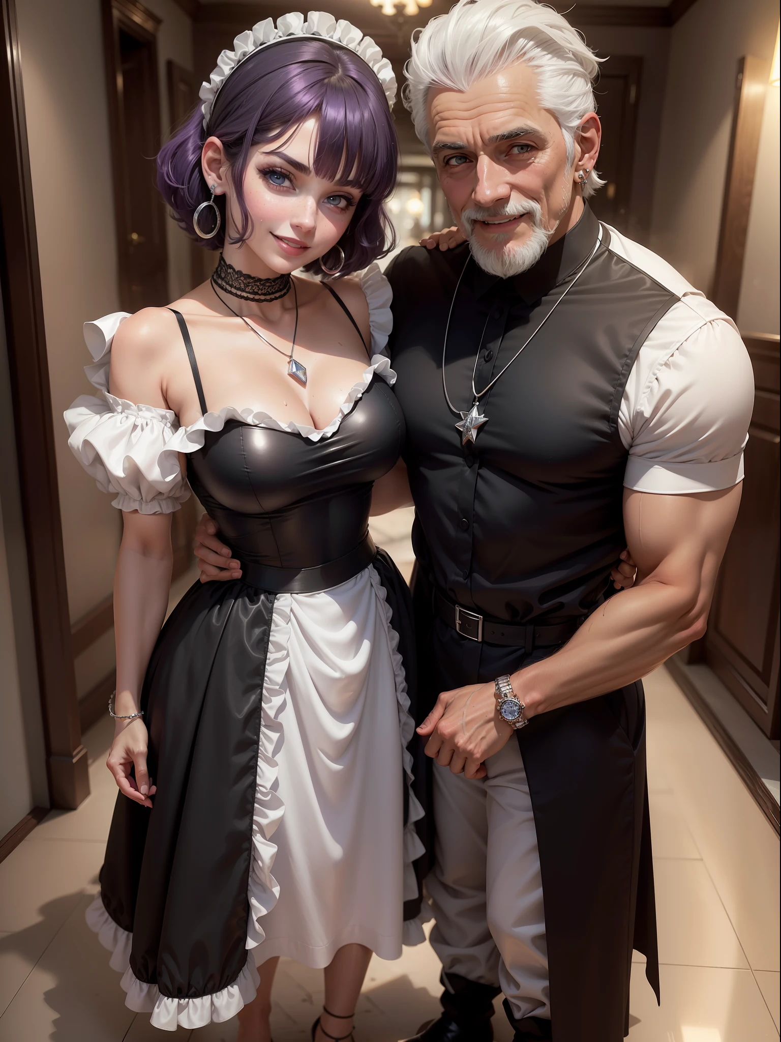(Full body photo/standing/foot on the ground), (((Laura/Woman and Roberto/Man))). Laura (very little clothing/black/part white/maid's clothing/maid's headdress/extremely tight on body/transparent/extremely exhibitionist/wet body). Roberto is 90 years old/and old/strong/muscular/ has white hair/long beard and is holding Laura from behind. Laura and Roberto are inside a black marble hotel room. Laura has (short purple hair, blue eyes), with ((red cheeks/smiling/earrings on the ears/diamond necklace on the neck)). Anime, Anime Style, 16k, best quality, high details, UHD, masterpiece