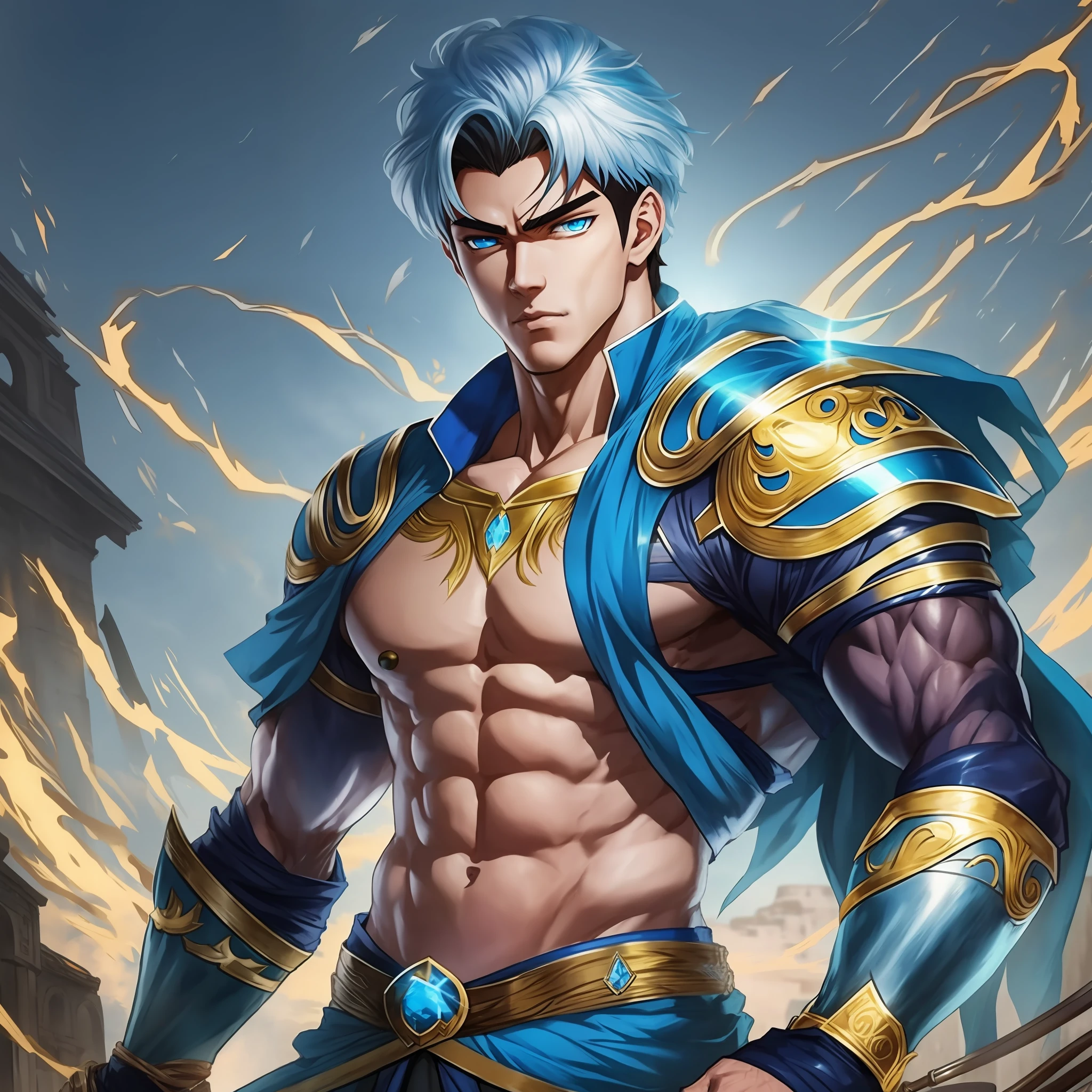 Anime man+light blue skin+ medieval setting+golden eyes+muscular body