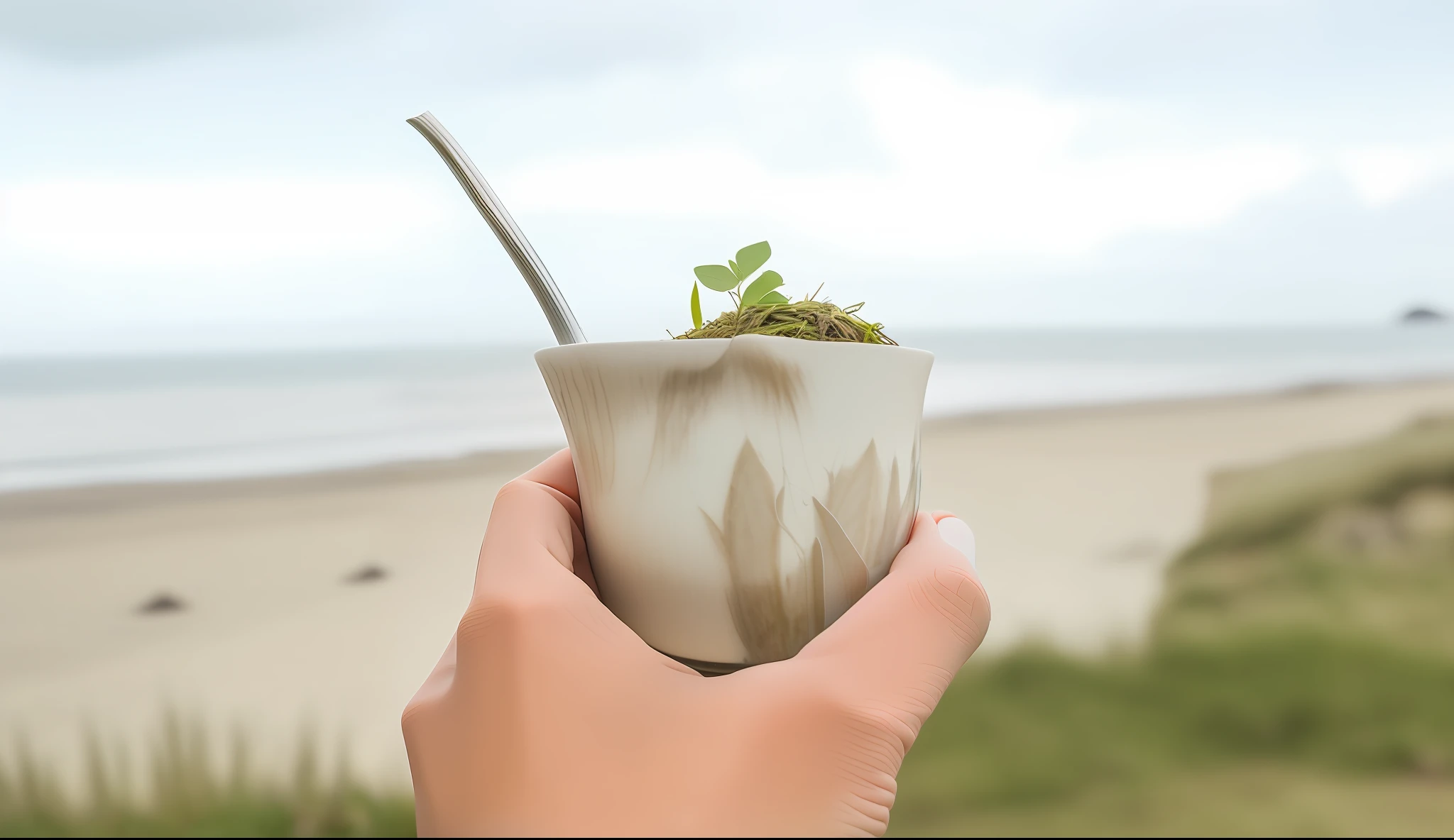 someone holding a guampa (sort of cup made with the tip of an ox horn) with a plant inside, with seaweed, in a seaside setting, with a straw, moringa juice, mate, holding a drink, slightly smooth, holding jar in hand, wooden cups, plume made of seaweed, by Matthias Stom, the sacred cup of understading, overturned chalice, hyper-detailed photo --auto --s2