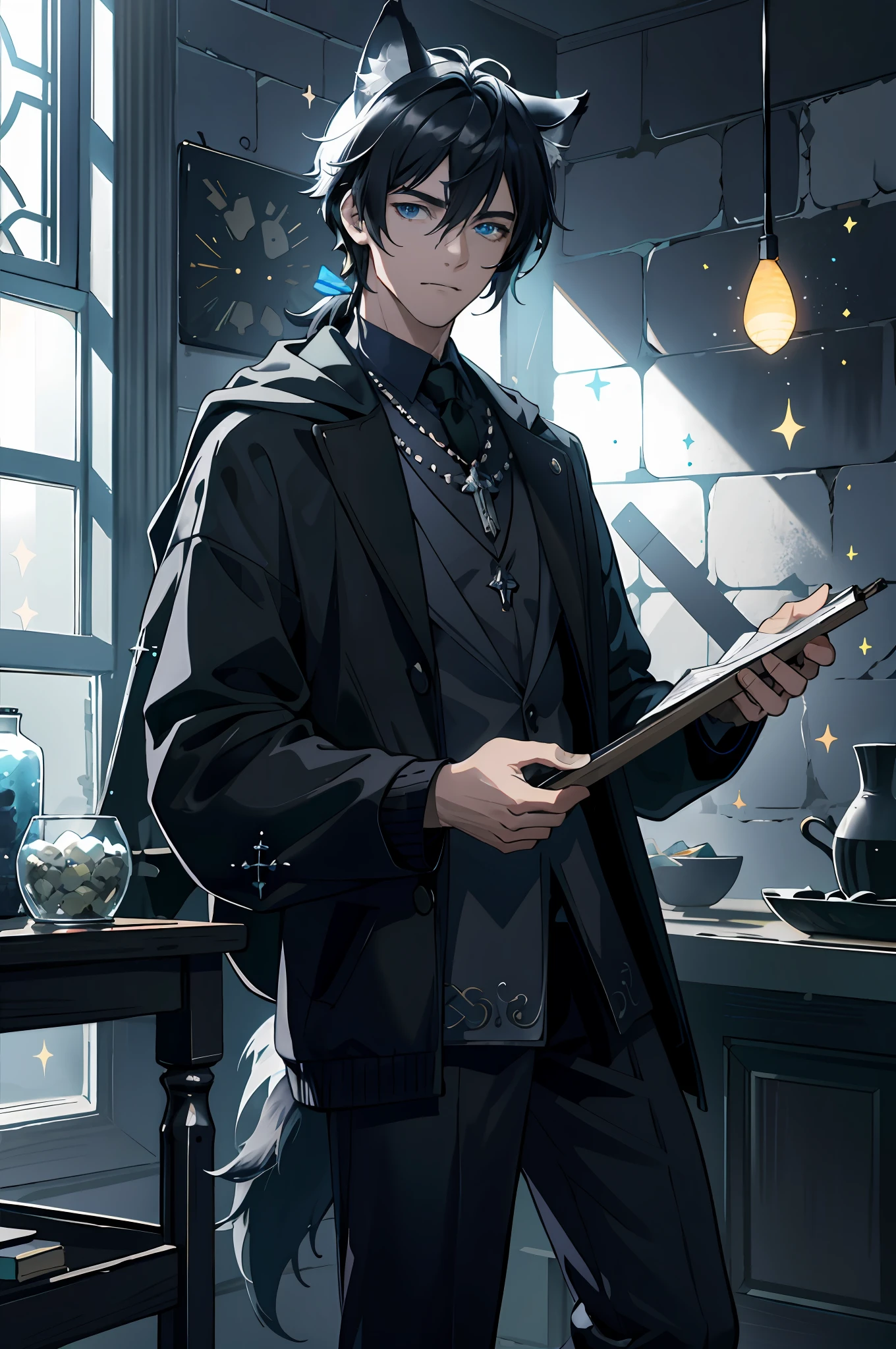 ((Masterpiece)), Best Quality, ((1 man)), ((solo)), adult, tall, muscular, handsome, inflated abs, ((black blue hair, blue eyes)), medium hair length, hands in pockets, bangs to the eyes, tousled hair, cold look, (fair skin), bruises under the eyes, wolf ears, ((wolf fluffy tail)), sharp fangs, deep neckline on the chest, ((finely detailed eyes: 1.3)), ear piercings, (intricate details), wizard, spell book with a variety of spells, potion bottles with various ingredients, (details on clothes:1.2), HD, 8K, ancient magic laboratory, detailed background, ((silver jewelry)), dark room, ((pale colors)), full-length, white lily flowers, stroke drawing, ((solo)), stone walls, many books, potions, alchemical bottles, ((pastel colors, soft transition of shades)), delicate tones, sitting on the windowsill, ((black elegant clothes: 1.3)), (black sweatshirt), ((perfect fingers)), silver rings, (((perfect anatomy))), Ray Tracing, NVIDIA RTX, Super-Resolution, Unreal 5, Subsurface Scattering, PBR Texturing, Post-Processing, Anisotropic Filtering, Depth-Of-Field ,Maximum Clarity And Sharpness, Multi-Layered Textures, Albedo And Specular Maps, Surface Shading, Accurate Simulation Of Light-Material Interaction, Octane Render, Two-Tone Lighting, Low ISO, White Balance, Rule Of Thirds, Wide Aperture, 8K RAW, Efficient Sub-Pixel, Sub-Pixel Convolution, (Luminescent Particles:1.4), {{Masterpiece, Best Quality, Extremely Detailed CG, Unity 8k Wallpaper, 3D, Cinematic Lighting, Lens Flare}},