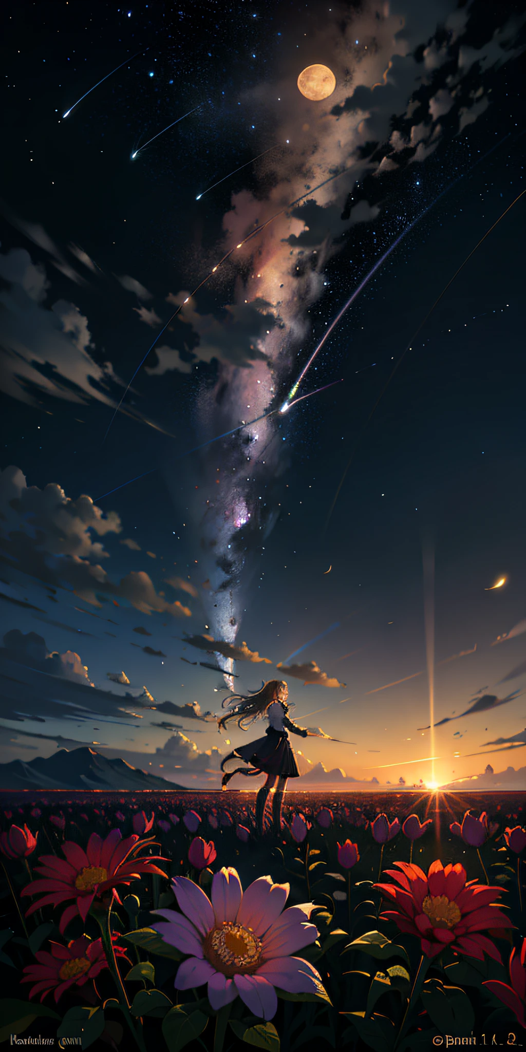 A wide landscape photo, (view from below, sky above and open field below), a guy standing in a flower field looking up, (full moon: 1.2), (meteor: 0.9) ), (nebula: 1.3 ), distant mountains , Plants Crafting BREAK, (Warm light: 1.2), (Fireflies: 1.2), Light, Many purples and oranges, Intricate detail, Light volumetric brightness BREAK (Masterpiece: 1.2), (Best quality), 4k, Super Detail, (Dynamic composition: 1.4), Rich colors and details, (Rainbow color: 1.2), (Light Bright, Atmospheric Light), Dreamy, Magical, (Single: 1.2)