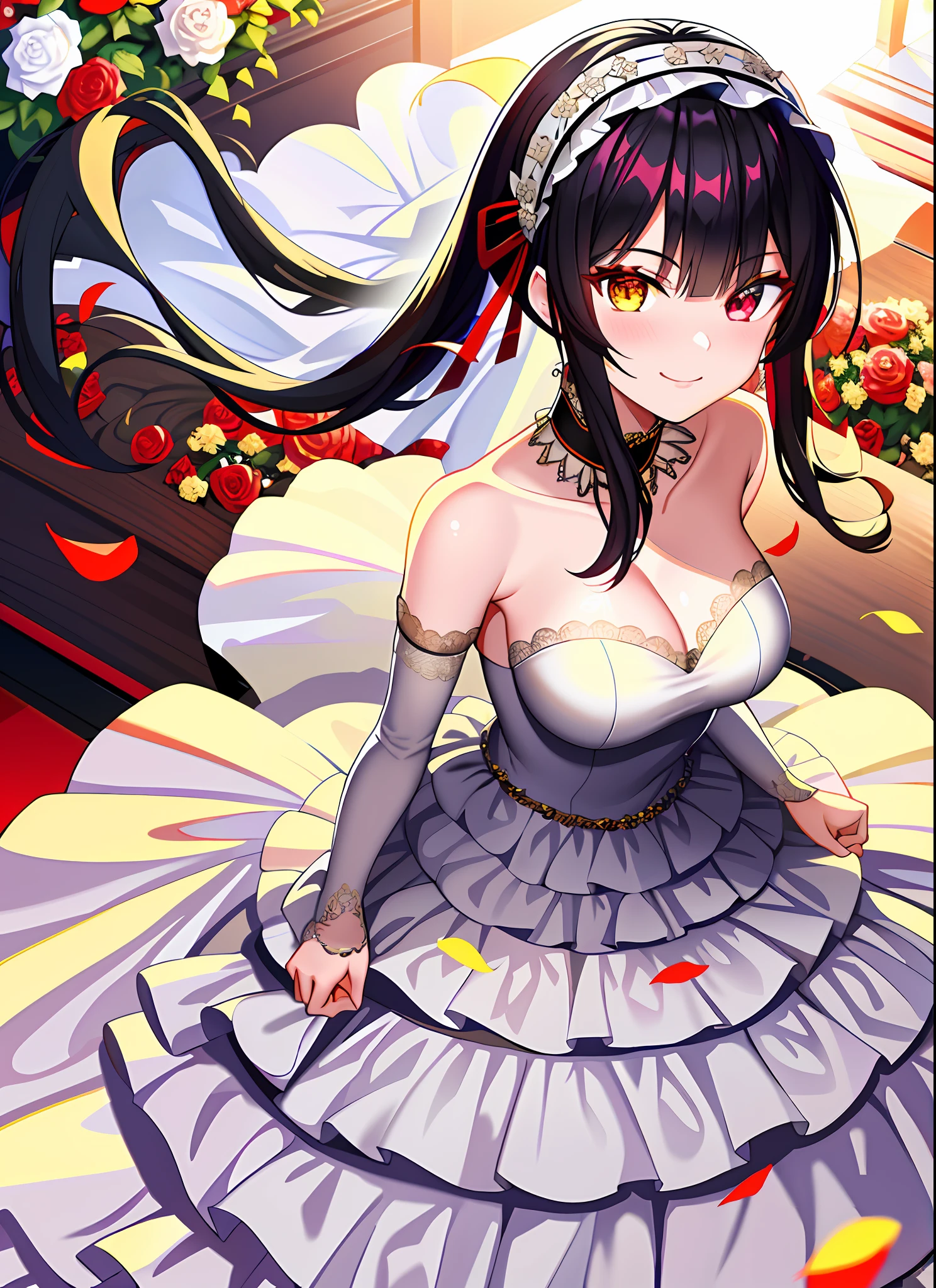 (1girl), black hair, tokisaki kurumi, adult female, headband, heterochromia:1.5, red eye, yellow eye, dominant, domina, long twintails, medium breast, smile, wedding dress, curch, white dress, ((white wedding dress)), holding flowers,