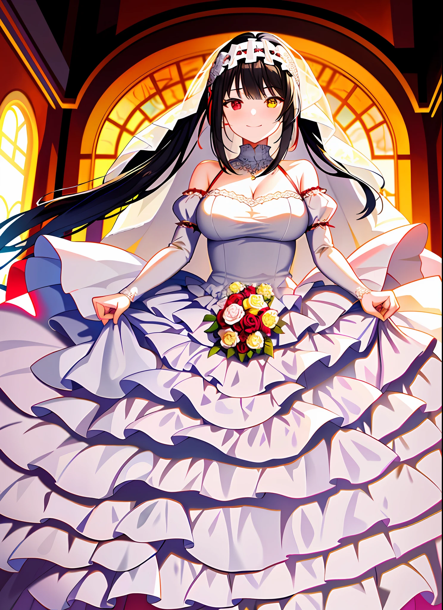 (1girl), black hair, tokisaki kurumi, adult female, headband, heterochromia:1.5, red eye, yellow eye, dominant, domina, long twintails, medium breast, smile, wedding dress, curch, white dress, ((white wedding dress)), holding flowers,
