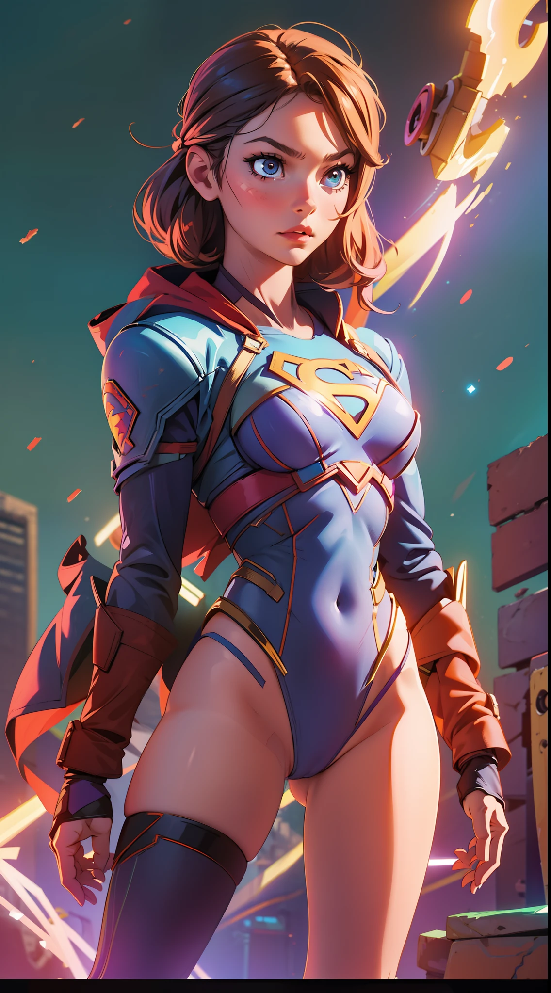 Supergirl, cute face, serious face, skimpy leotard costume, standing, post apocalytic background, night time, colorful background, UHD, side lighting, ultra-realistic, ray tracing, full body must be shown