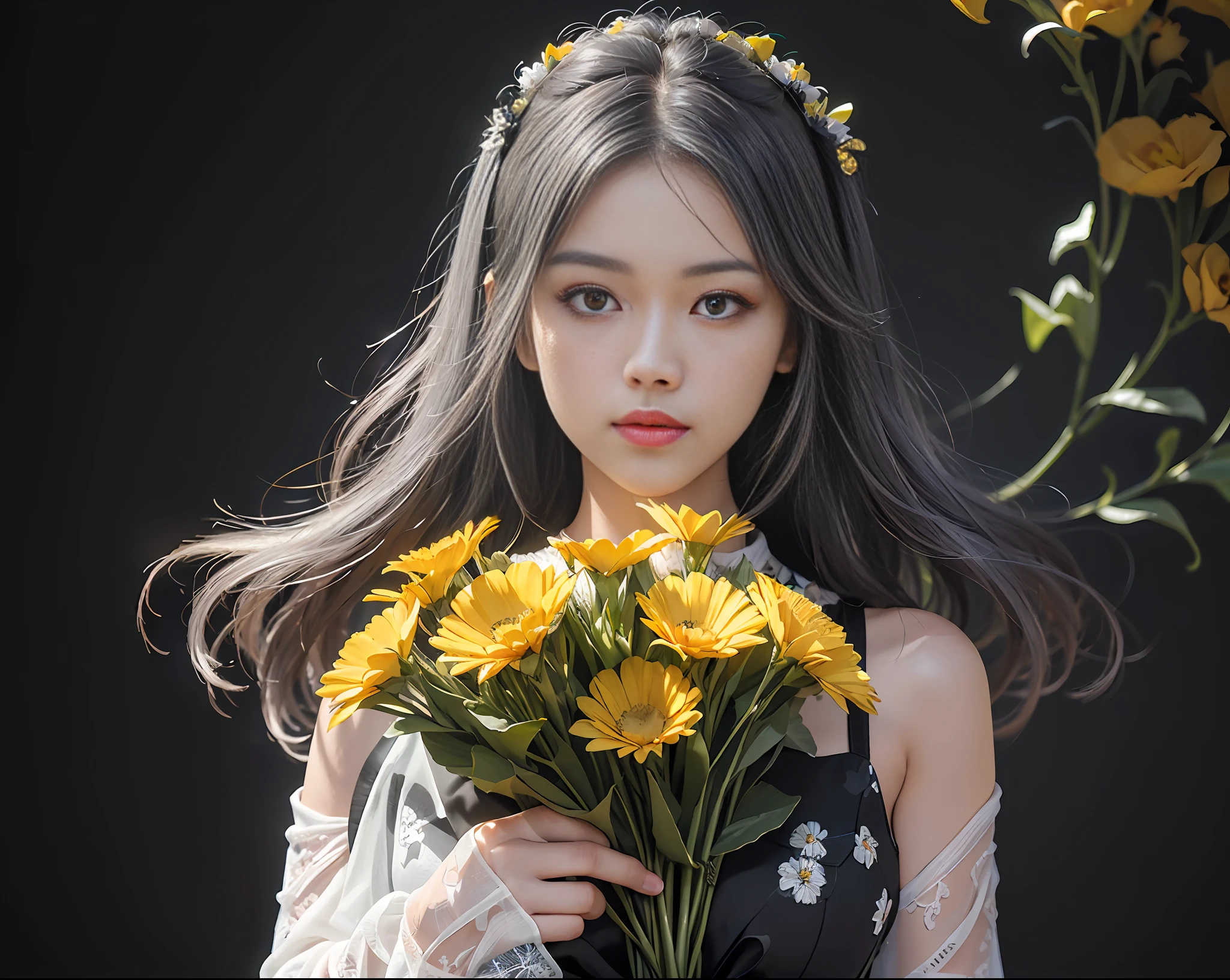 (top quality, masterpiece), (1 girl, solo, black suit, standing, watching viewer, gray hair, yellow eyes, mouth closed, upper body), (huge black bouquet background, floral background)