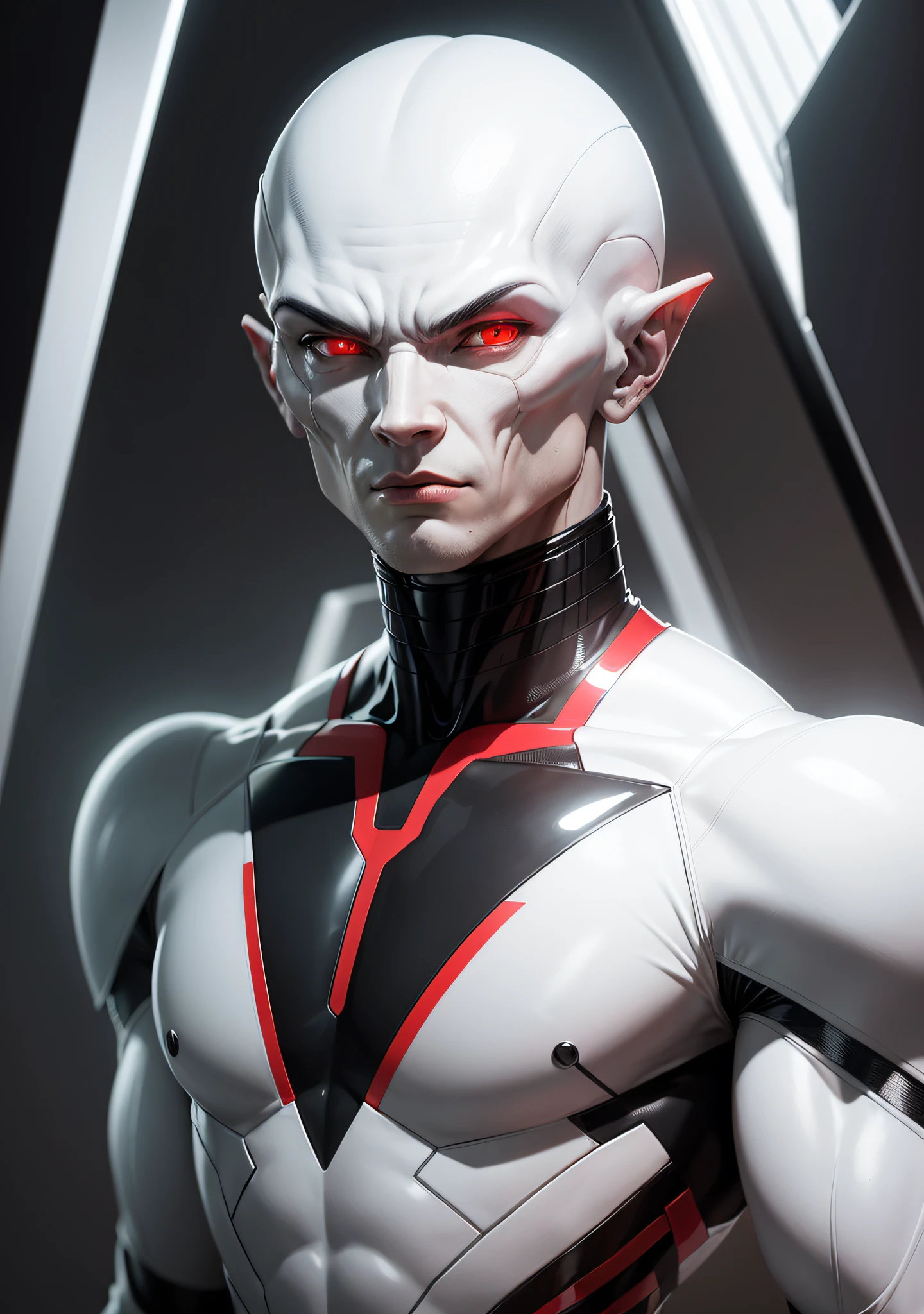 Humanoid alien with muscular physique, sleek head, grey eyes with enlarged black pupils, wearing red and black costume uniform, white gloves, white boots.