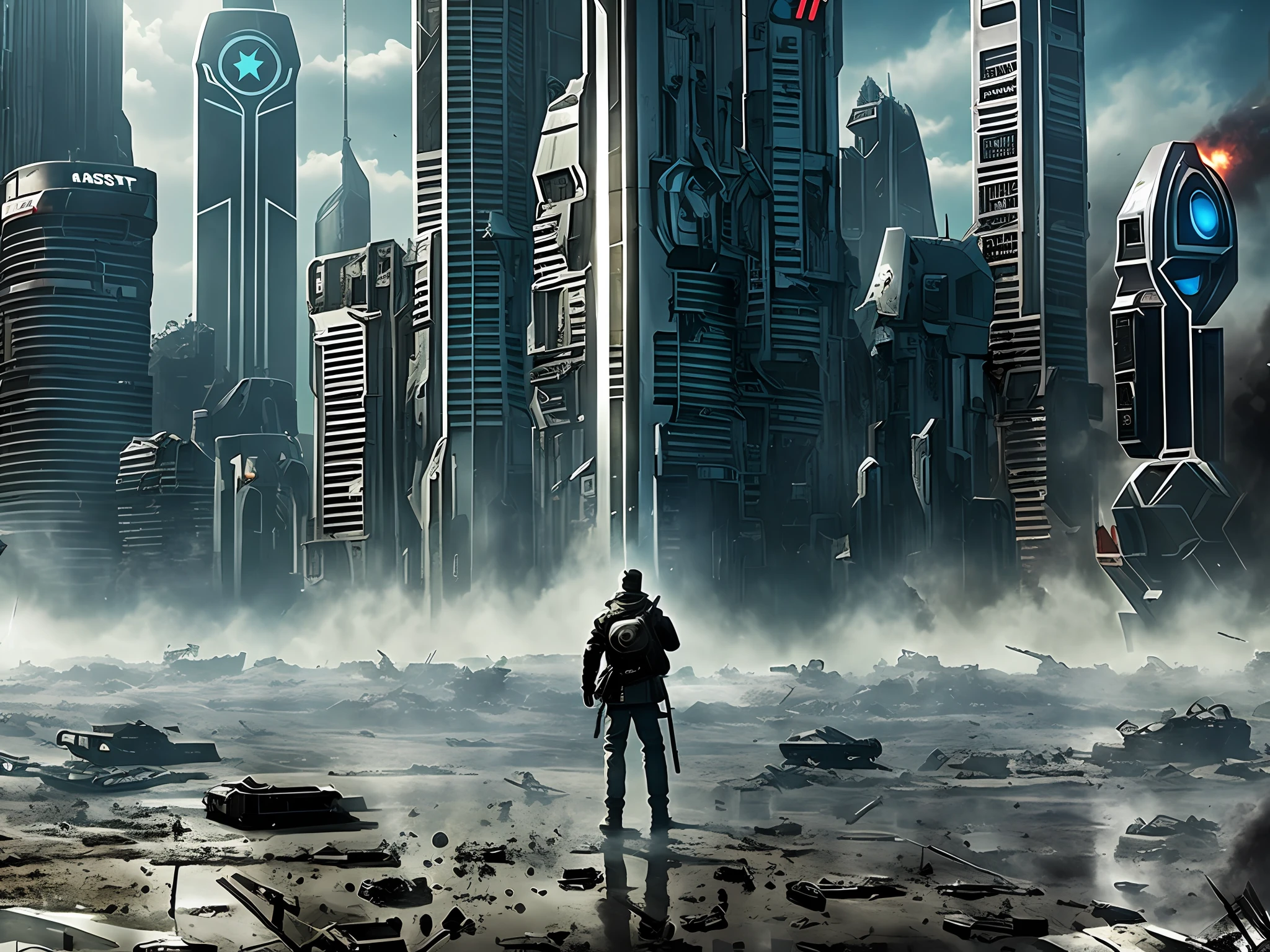 create a poster of a movie called “THE LAST RESISTENCE: Android uprising” with post-apocalyptic androids and aliens in a city destroyed by war