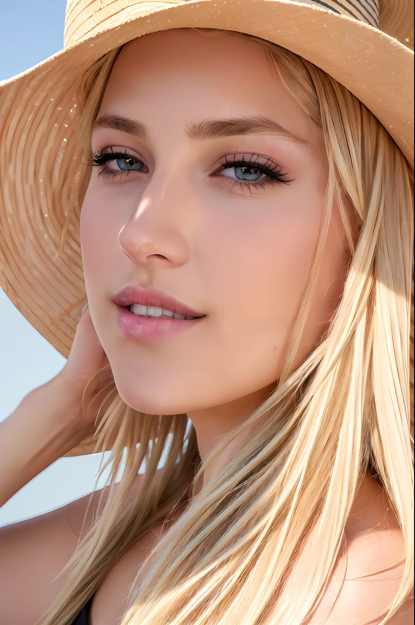 ((best quality)), ((ultra res)), ((photorealistic:1.4)), (complex details), 19 years old, blonde hair, perfect face, makeup:1.5, light on face, facial detail, full body, wearing straw hat adorned