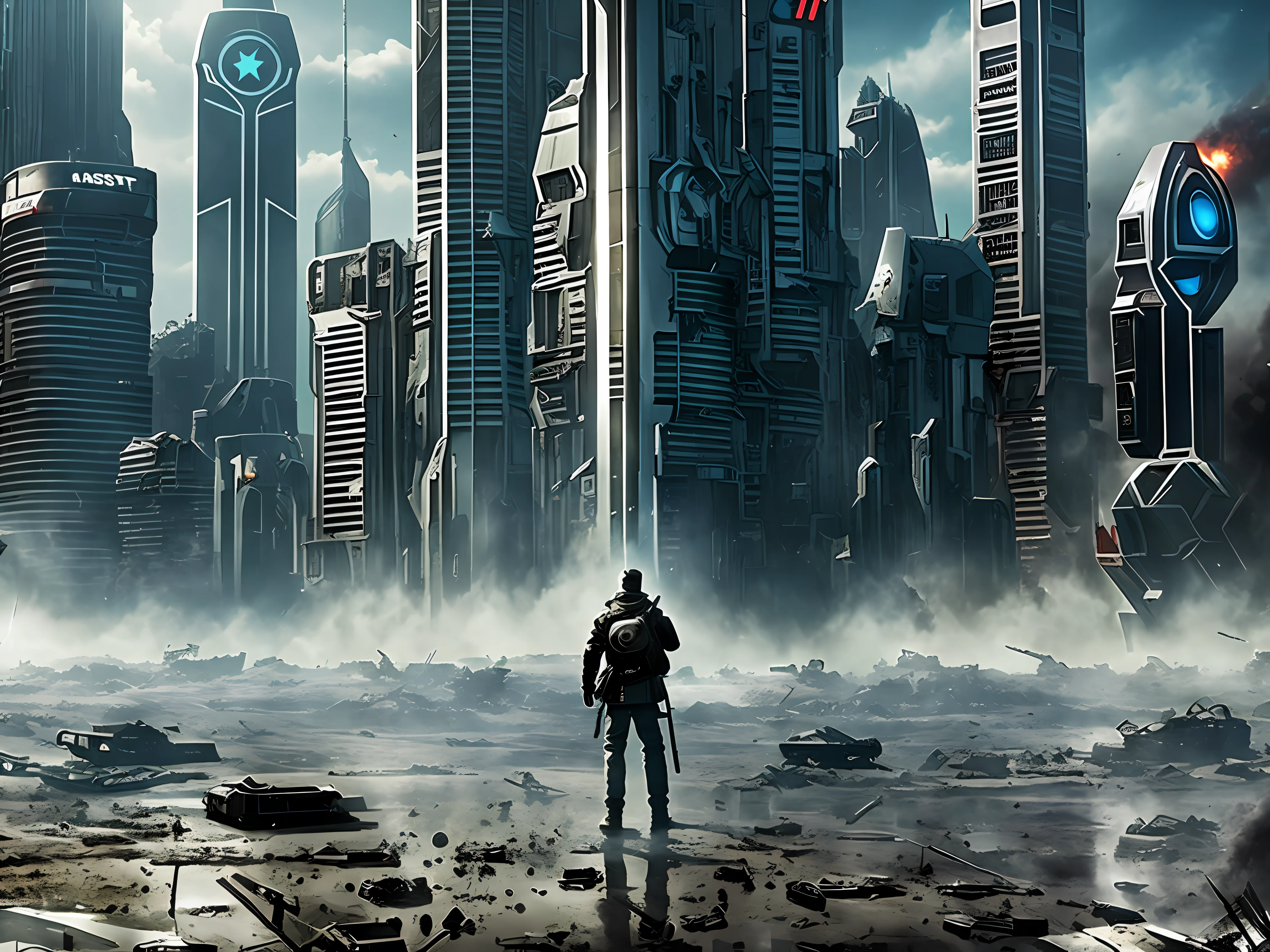 create a poster of a movie called “THE LAST RESISTENCE: Android uprising” with post-apocalyptic androids and aliens in a city destroyed by war