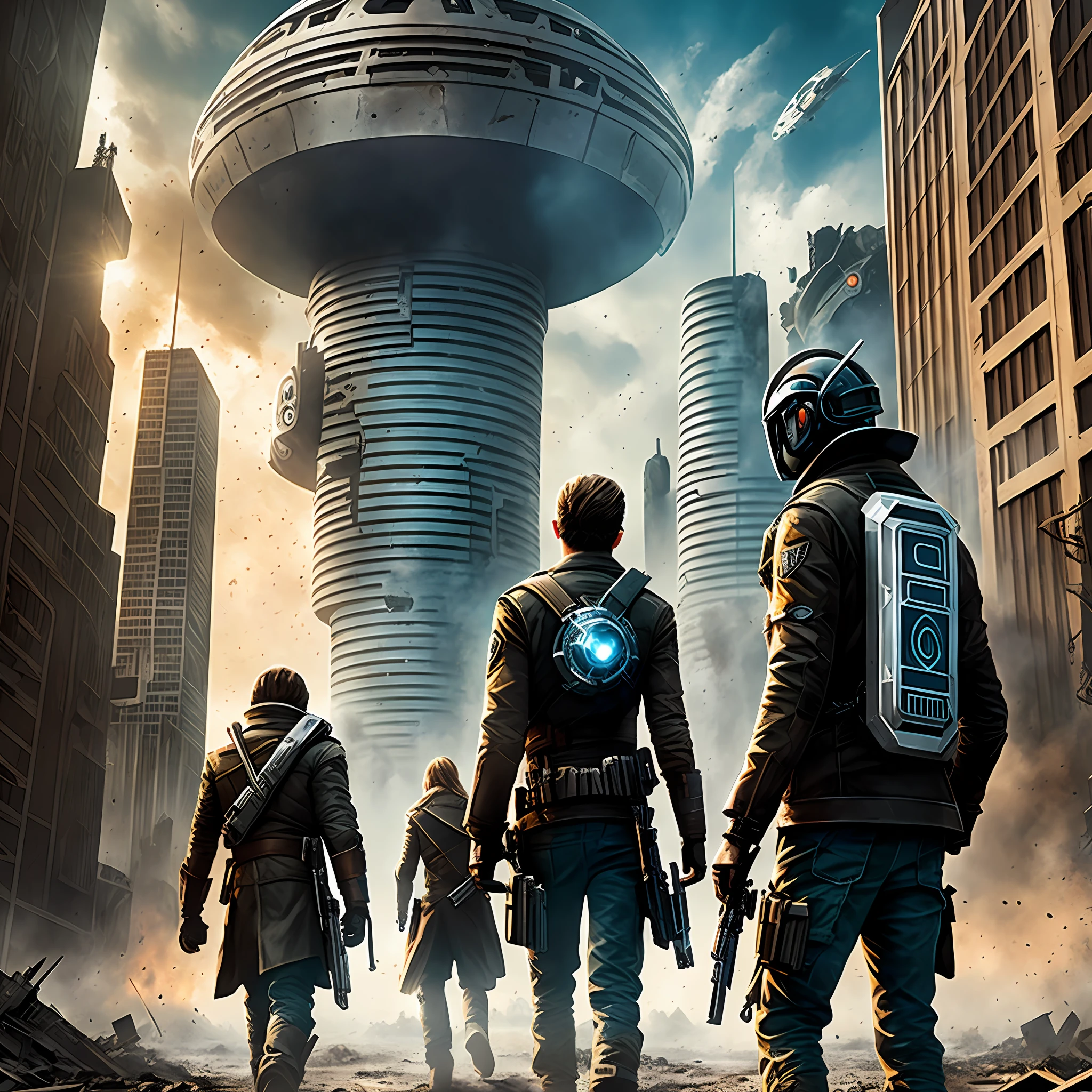 create a poster of a movie called “THE LAST RESISTENCE: Android uprising” with post-apocalyptic and aliens in a city destroyed by war